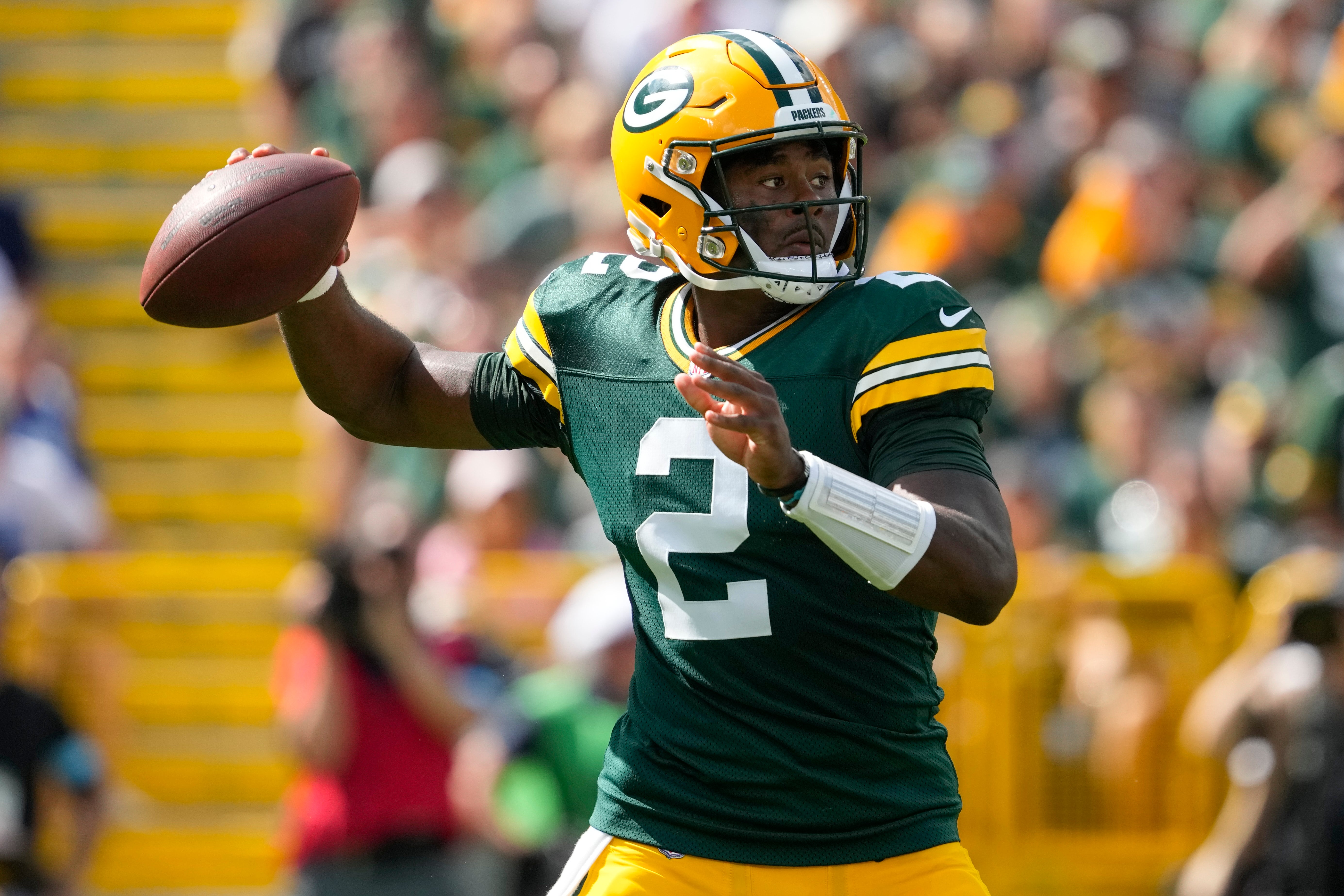 Sep 15, 2024; Green Bay, Wisconsin, USA; Green Bay Packers quarterback Malik Willis (2) throws a pass during the third quarter against the Indianapolis Colts at Lambeau Field. Mandatory Credit: Jeff Hanisch-Imagn Images
