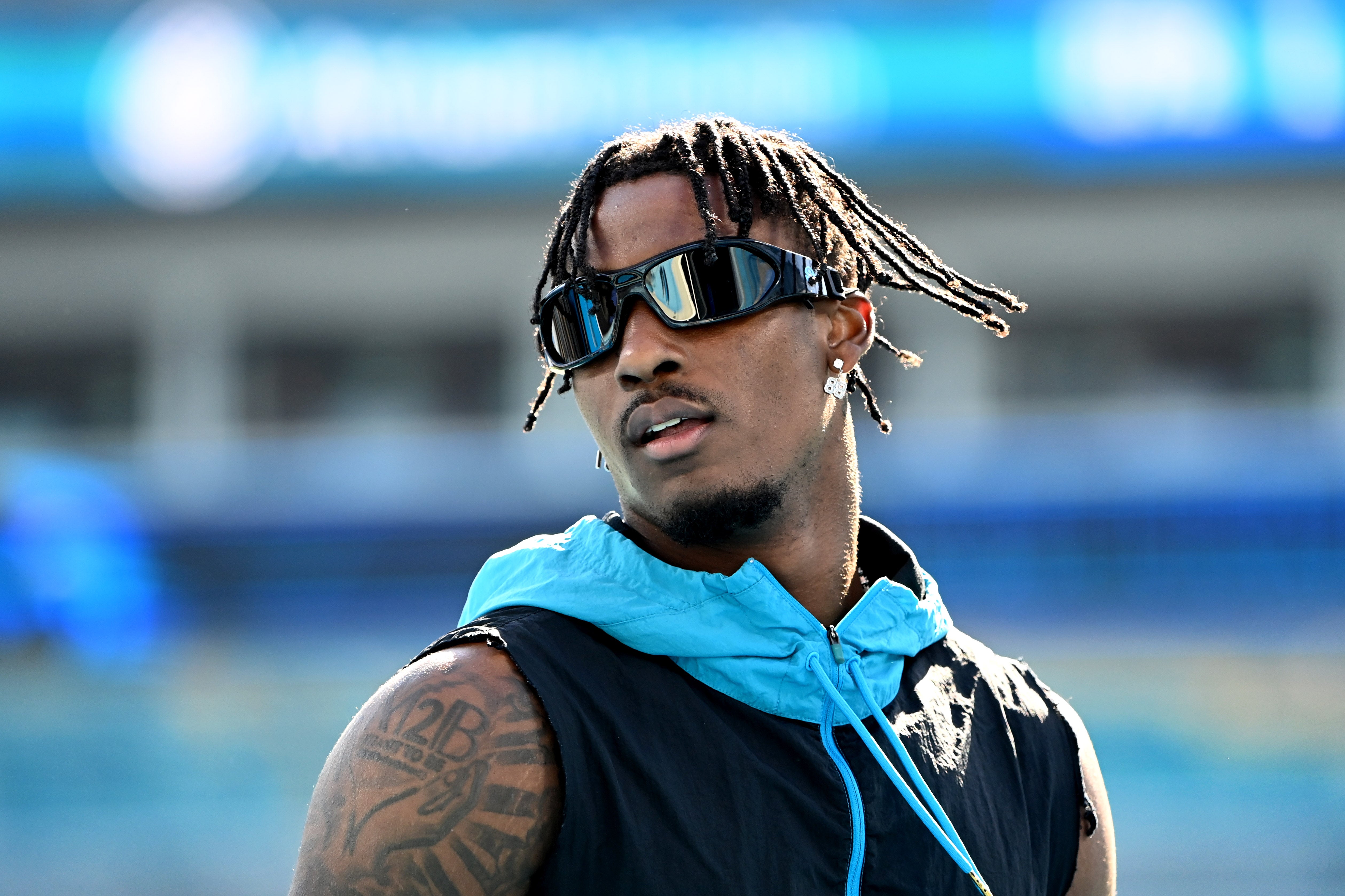 Oct 29, 2023; Charlotte, North Carolina, USA; Carolina Panthers wide receiver Terrace Marshall Jr. (88) during warm up at Bank of America Stadium.