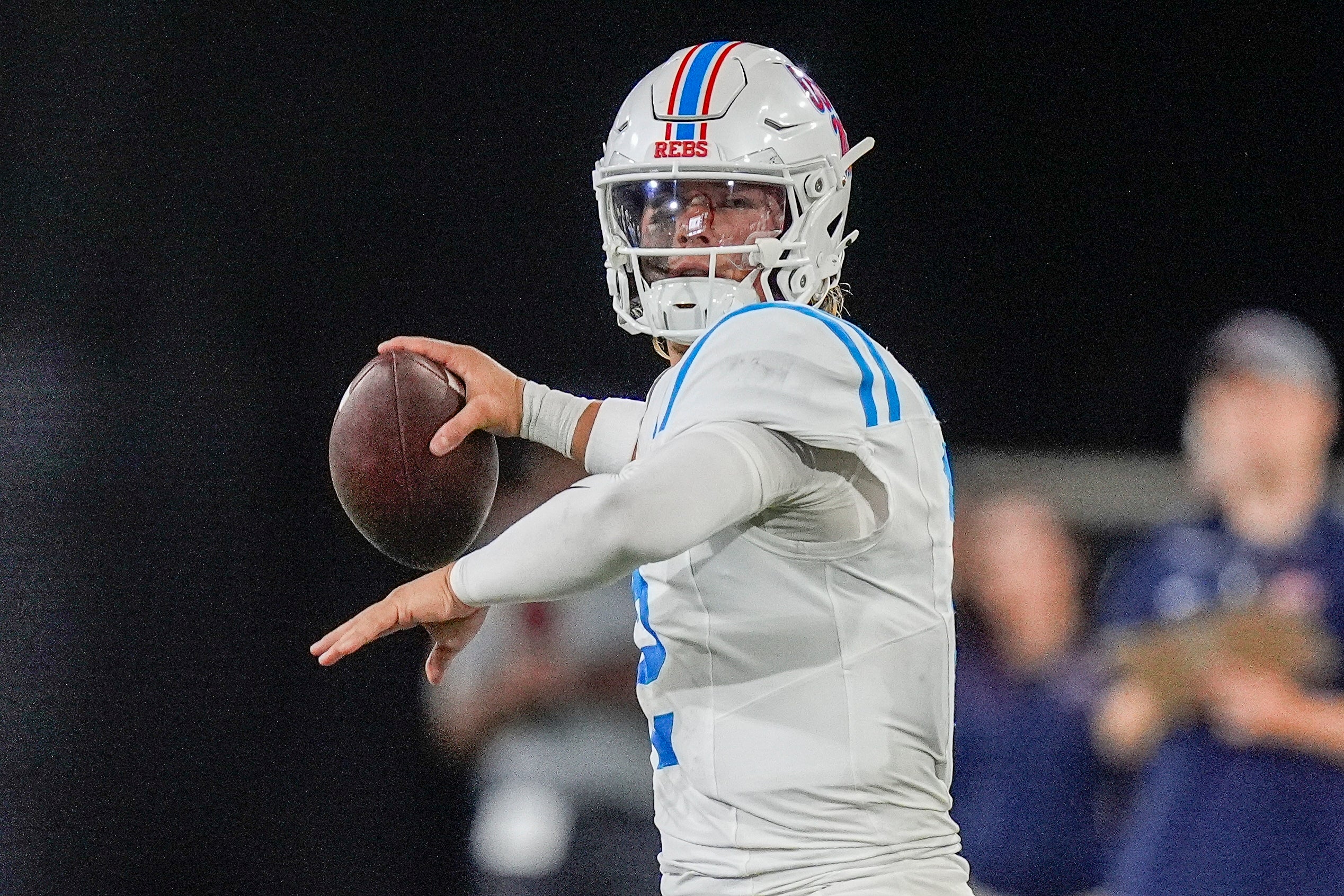Sep 14, 2024; Winston-Salem, North Carolina, USA; Mississippi Rebels quarterback Jaxson Dart (2) throws against the Wake Forest Demon Deacons during the first half at Allegacy Federal Credit Union Stadium.