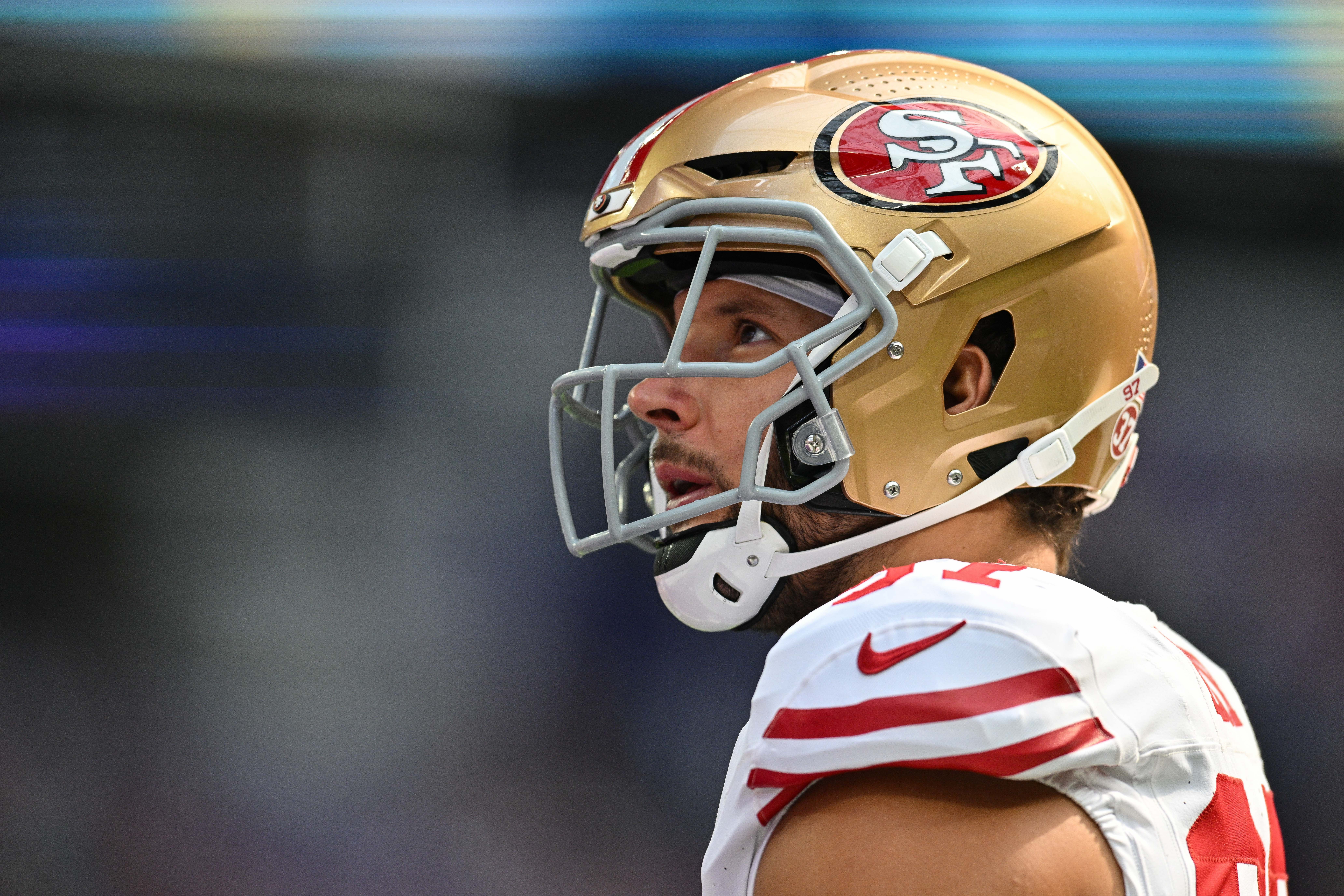 Sep 15, 2024; Minneapolis, Minnesota, USA; San Francisco 49ers defensive end Nick Bosa (97) looks on before the game against the Minnesota Vikings at U.S. Bank Stadium.