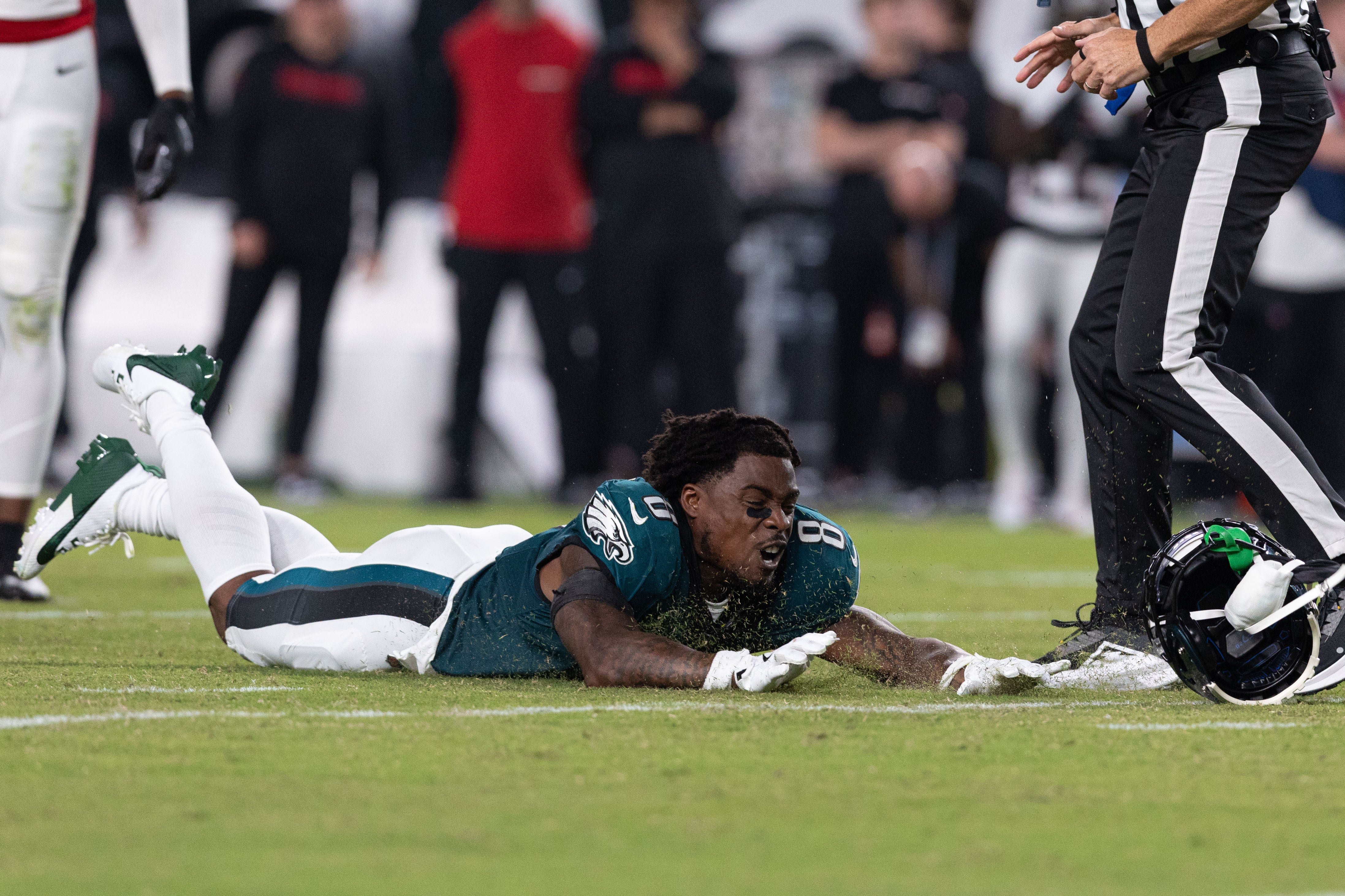 Philadelphia Eagles safety C.J. Gardner-Johnson (8) reacts after a fourth down stop against the Atlanta Falcons during the fourth quarter at Lincoln Financial Field.
