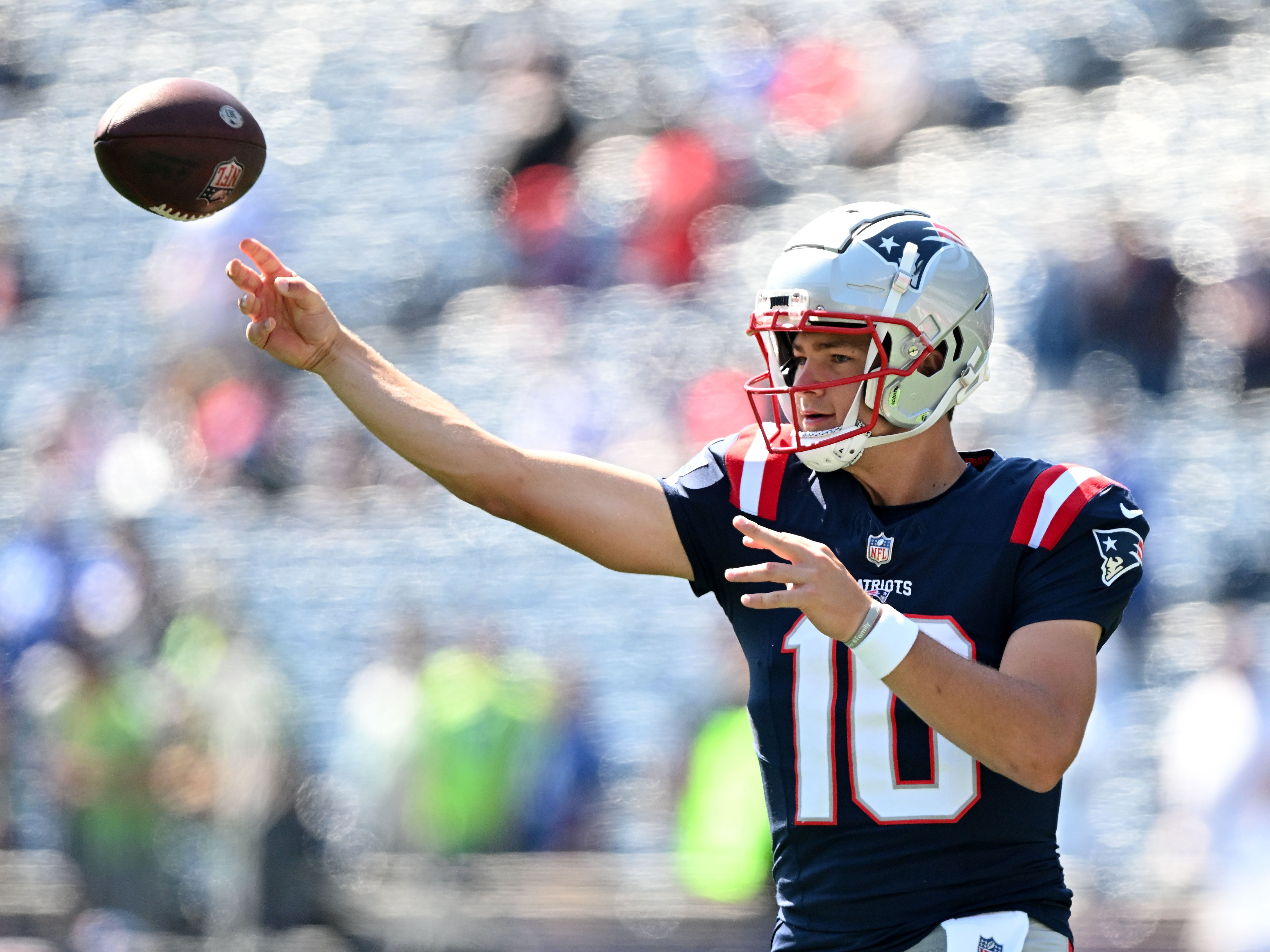 Sep 15, 2024; Foxborough, Massachusetts, USA; New England Patriots quarterback Drake Maye (10) throws the ball before a game against the Seattle Seahawks Gillette Stadium.