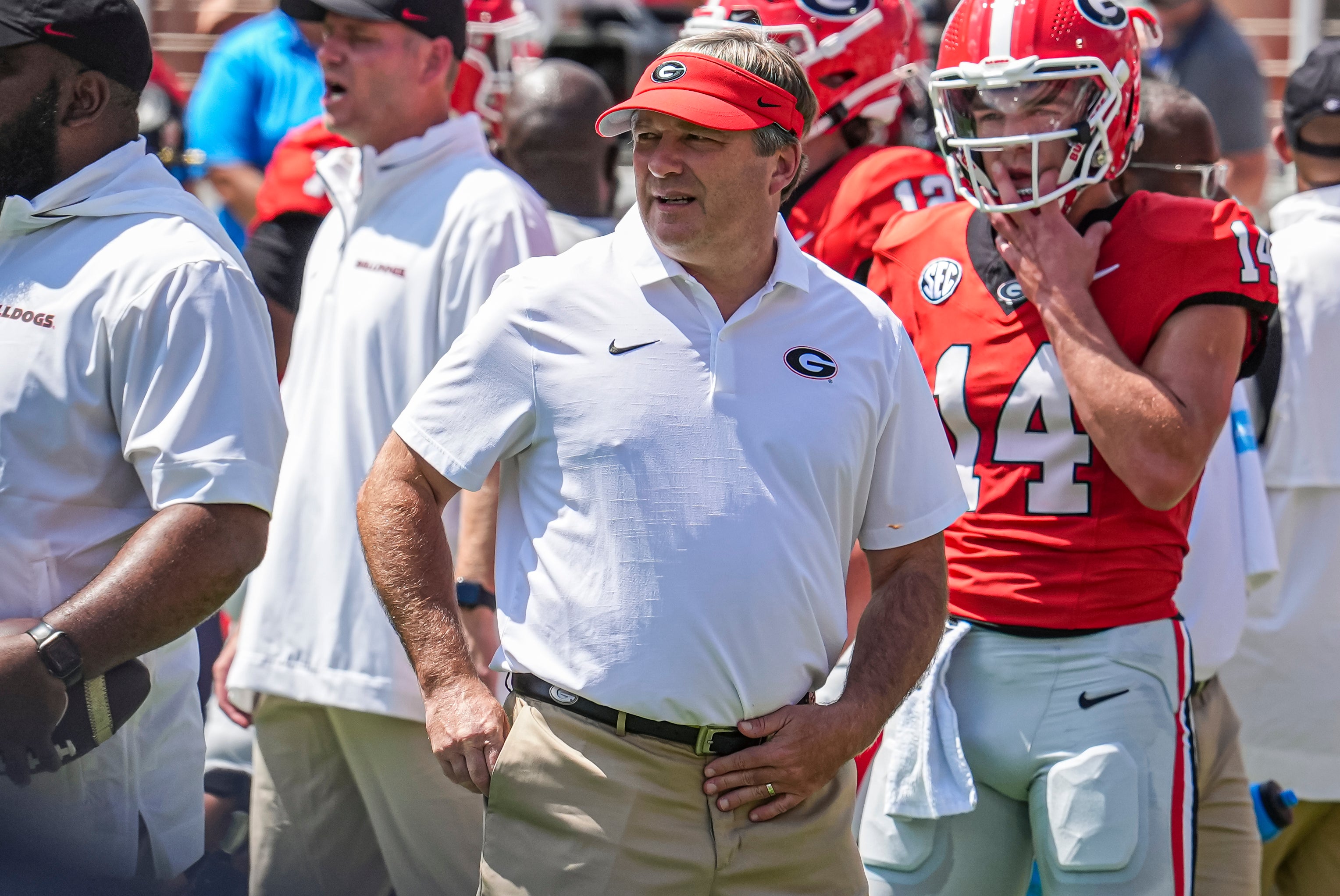 Georgia Bulldogs head coach Kirby Smart shown on the field during pregame warmup prior to the game against the Tennessee Tech Golden Eagles at Sanford Stadium.