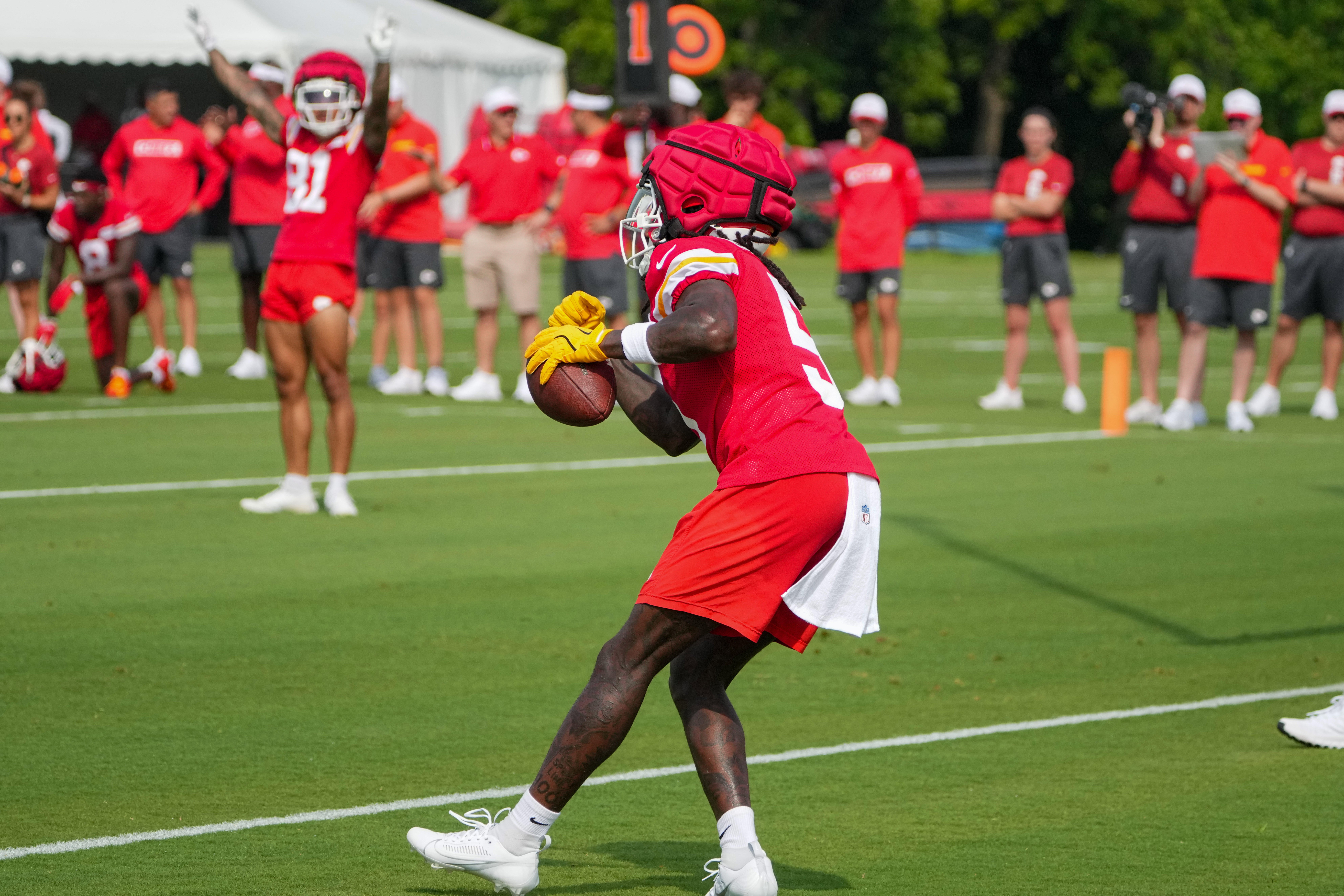Jul 22, 2024; St. Joseph, MO, USA; Kansas City Chiefs wide receiver Marquise (Hollywood) Brown (5) catches a pass during training camp at Missouri Western State University.