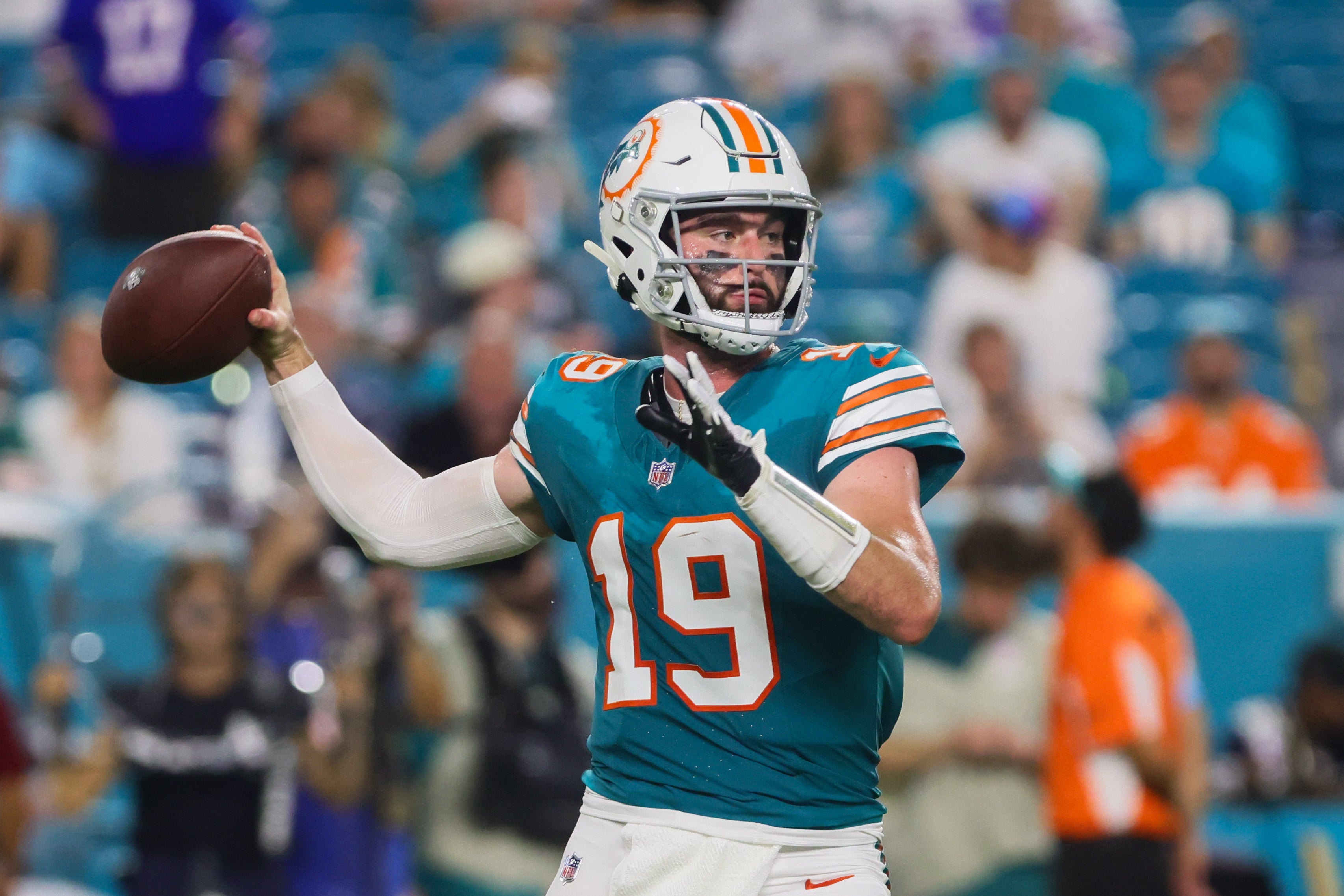 Sep 12, 2024; Miami Gardens, Florida, USA; Miami Dolphins quarterback Skylar Thompson (19) throws the football against the Buffalo Bills during the fourth quarter at Hard Rock Stadium.