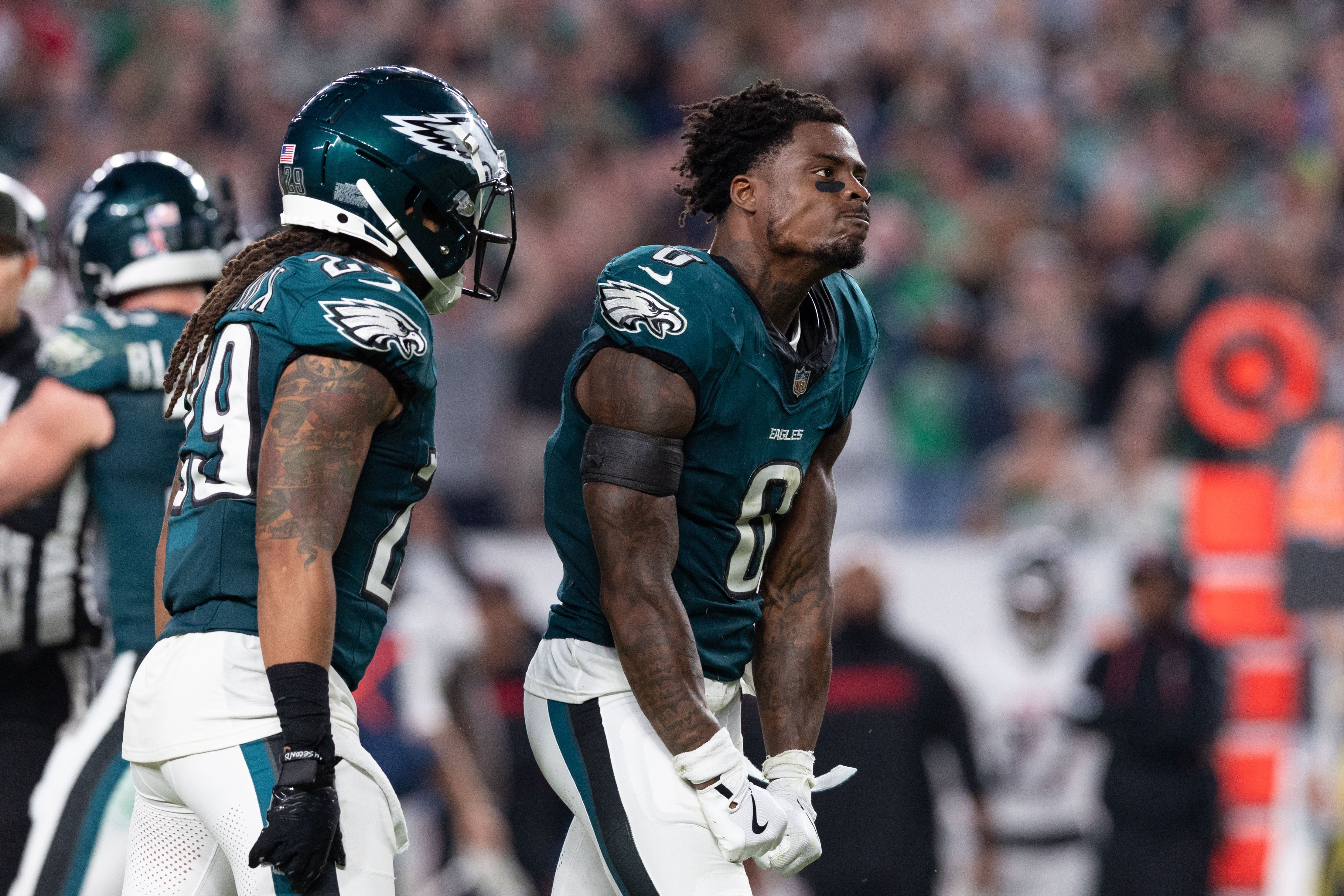 Philadelphia Eagles safety C.J. Gardner-Johnson (8) reacts after a fourth down stop against the Atlanta Falcons during the fourth quarter at Lincoln Financial Field.