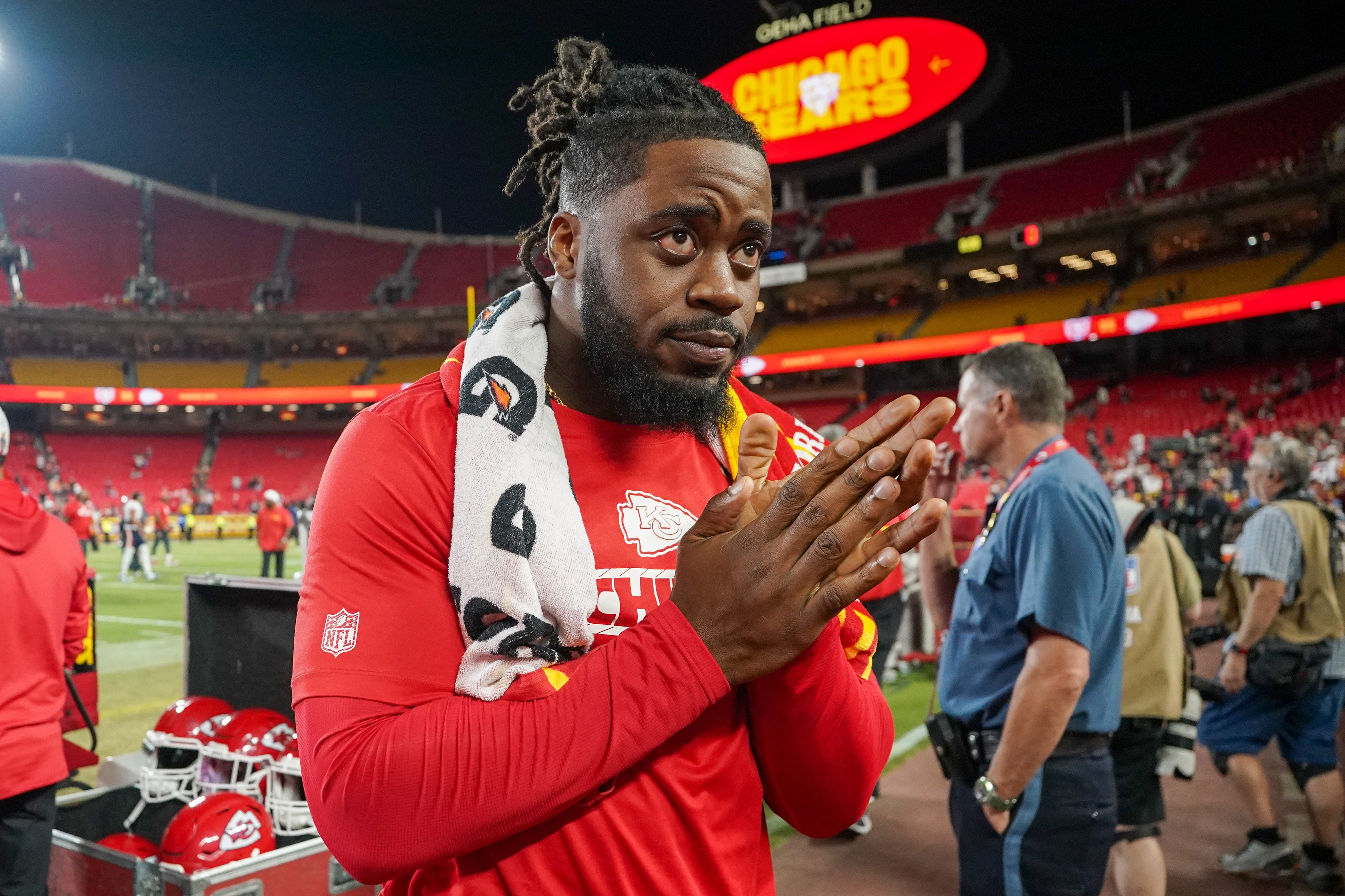 Aug 22, 2024; Kansas City, Missouri, USA; Kansas City Chiefs defensive end Mike Danna (51) leaves the field after the game against the Chicago Bears at GEHA Field at Arrowhead Stadium.