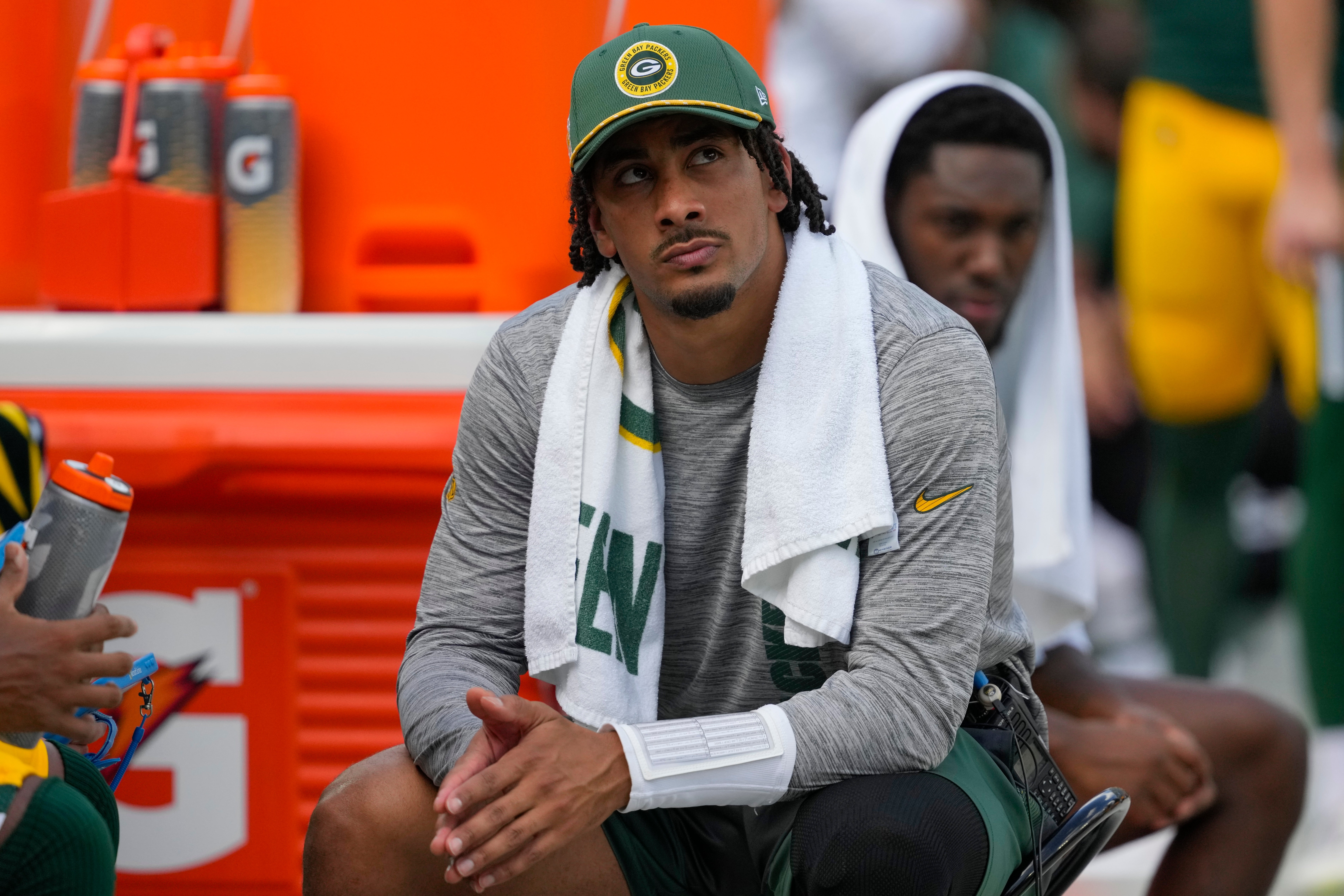 Sep 15, 2024; Green Bay, Wisconsin, USA; Green Bay Packers quarterback Jordan Love looks on from the sidelines during the fourth quarter against the Indianapolis Colts at Lambeau Field. Mandatory Credit: Jeff Hanisch-Imagn Images