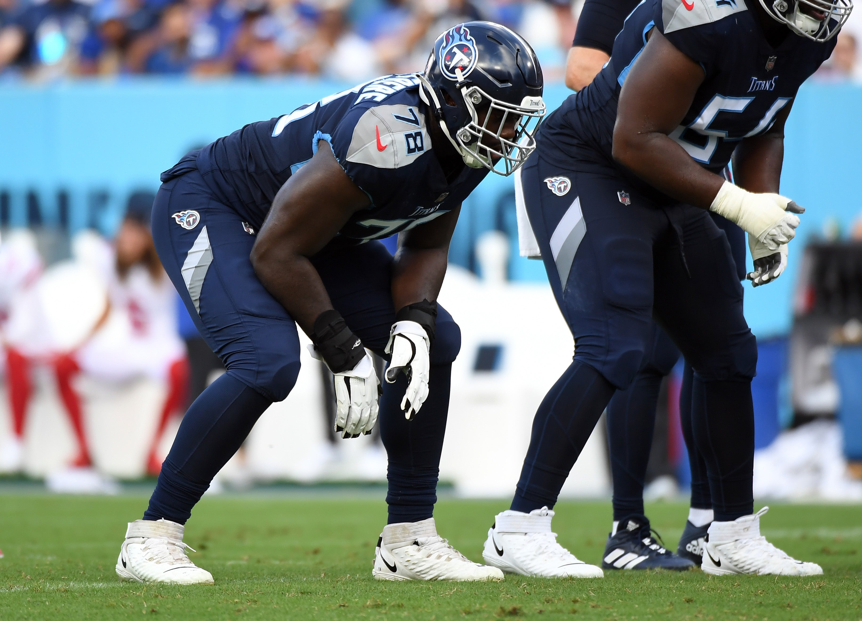 Tennessee Titans offensive tackle Nicholas Petit-Frere (78) waits for the snap during the first half against the New York Giants at Nissan Stadium. Christopher Hanewinckel-Imagn Images