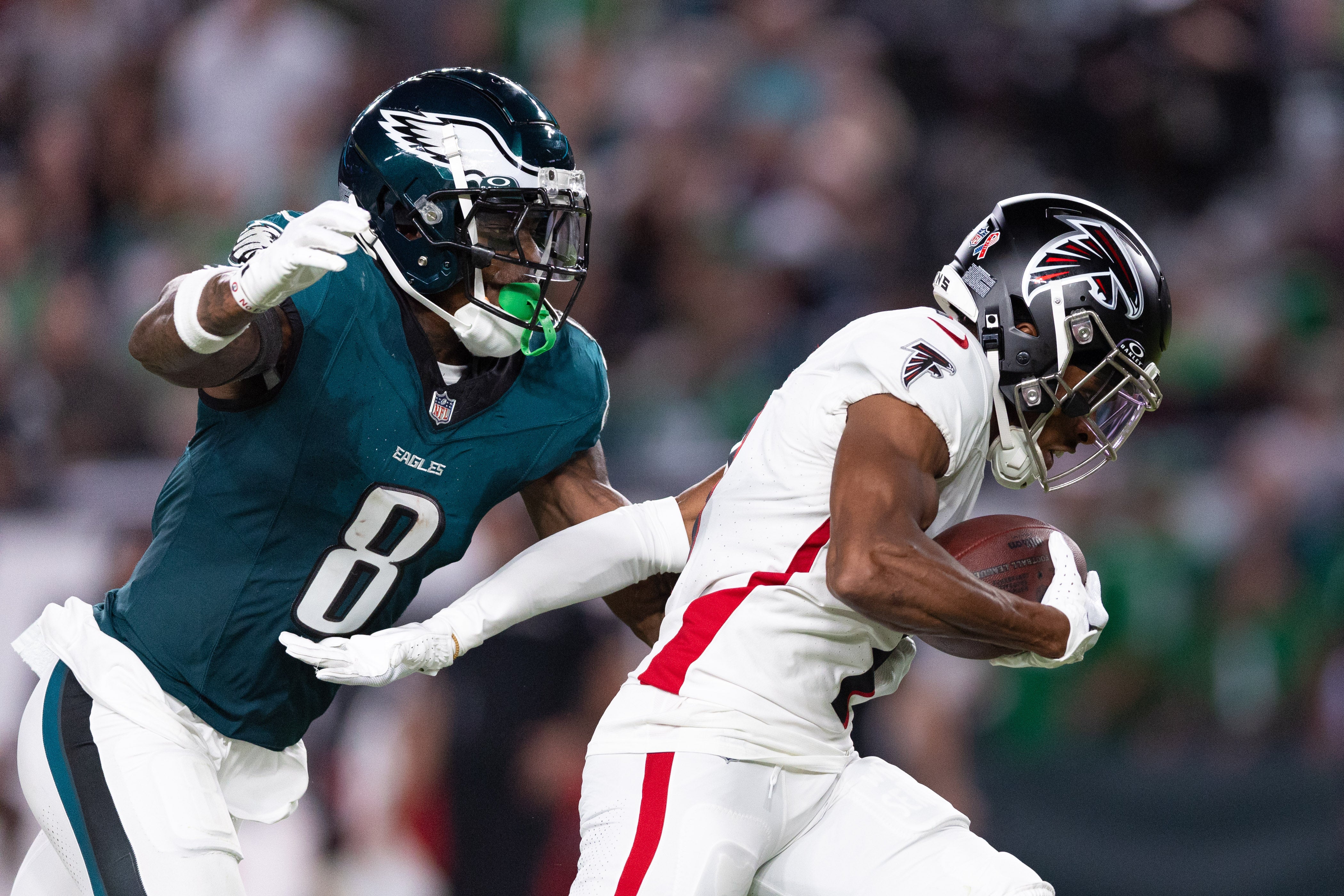 Atlanta Falcons wide receiver Darnell Mooney (1) runs for a touchdown past Philadelphia Eagles safety C.J. Gardner-Johnson (8) after a catch during the third quarter at Lincoln Financial Field.