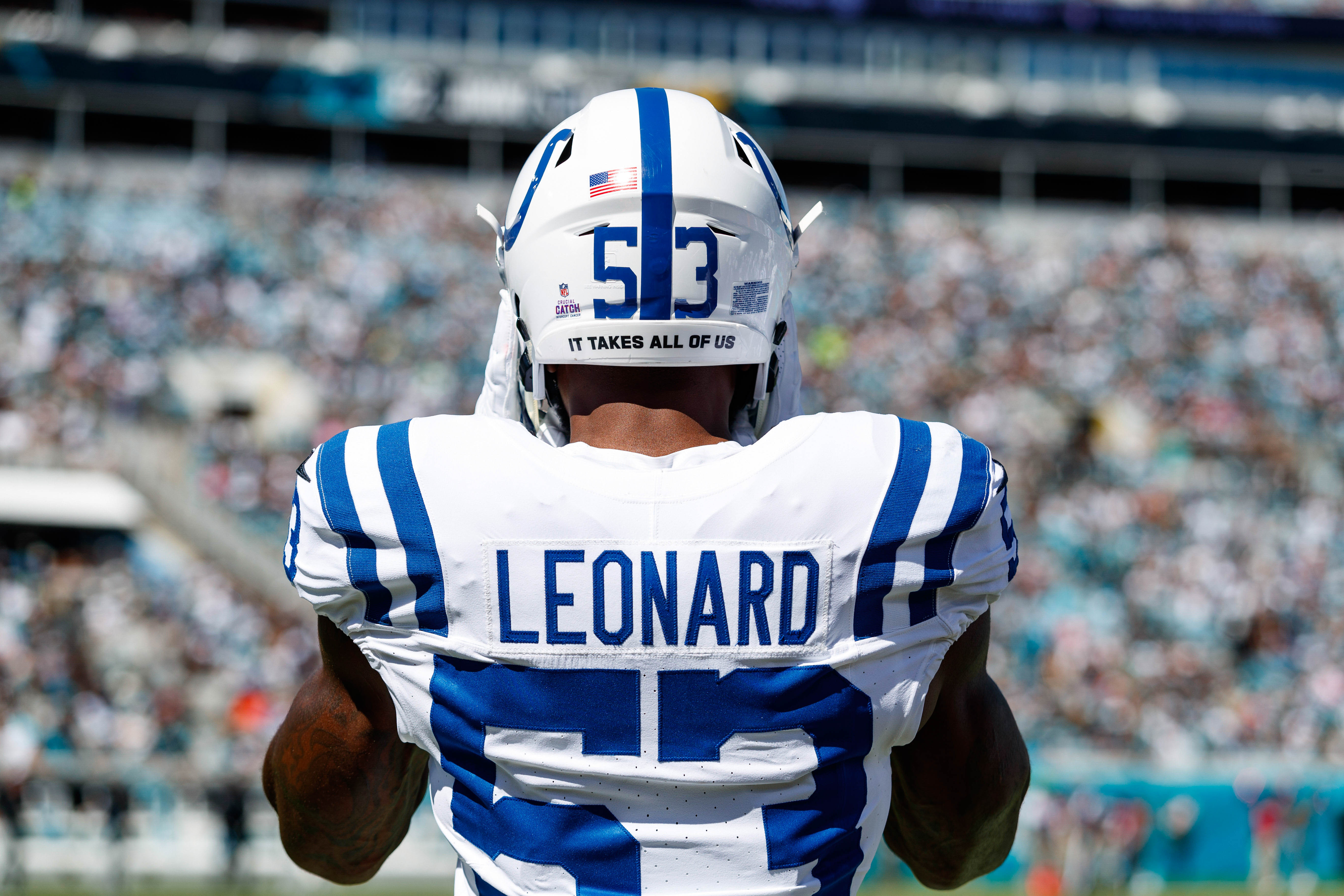 Oct 15, 2023; Jacksonville, Florida, USA; Indianapolis Colts linebacker Shaquille Leonard (53) against the Jacksonville Jaguars at EverBank Stadium.