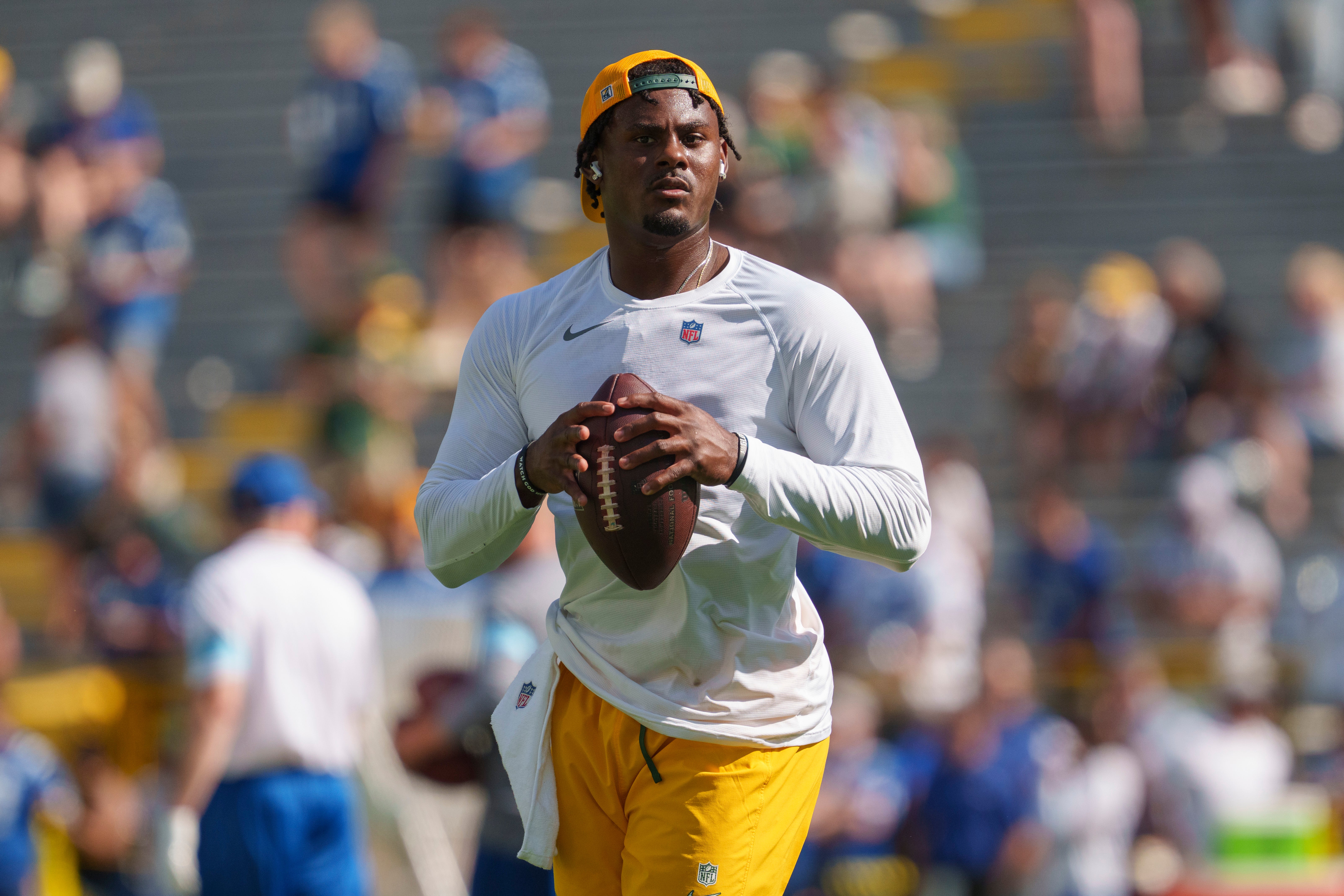 Sep 15, 2024; Green Bay, Wisconsin, USA; Green Bay Packers quarterback Malik Willis (2) during warmups prior to the game against the Indianapolis Colts at Lambeau Field. Mandatory Credit: Jeff Hanisch-Imagn Images