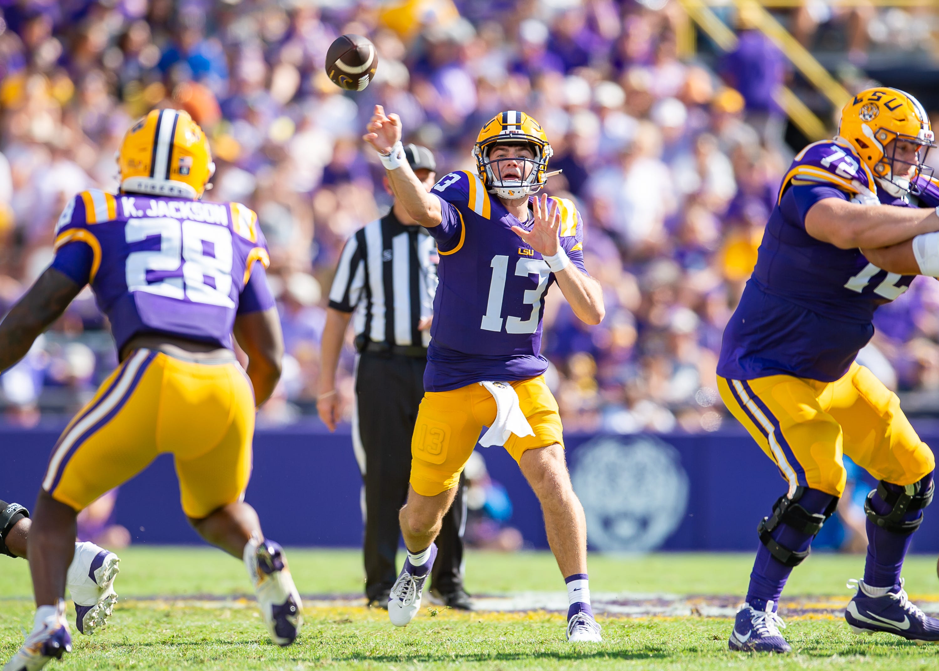 Tigers quarterback Garrett Nussmeier 13 as the LSU Tigers take on UCLA at Tiger Stadium in Baton Rouge, LA. Saturday, Sept. 21, 2024.