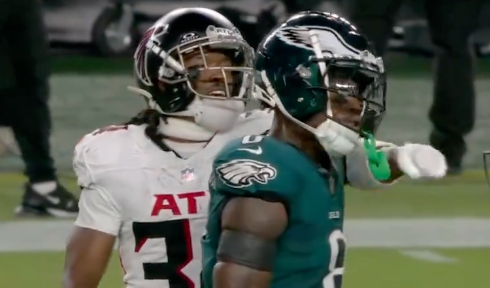 Philadelphia Eagles safety CJ Gardner-Johnson gets punched in the face mask by Atlanta Falcons WR Ray-Ray McCloud.
