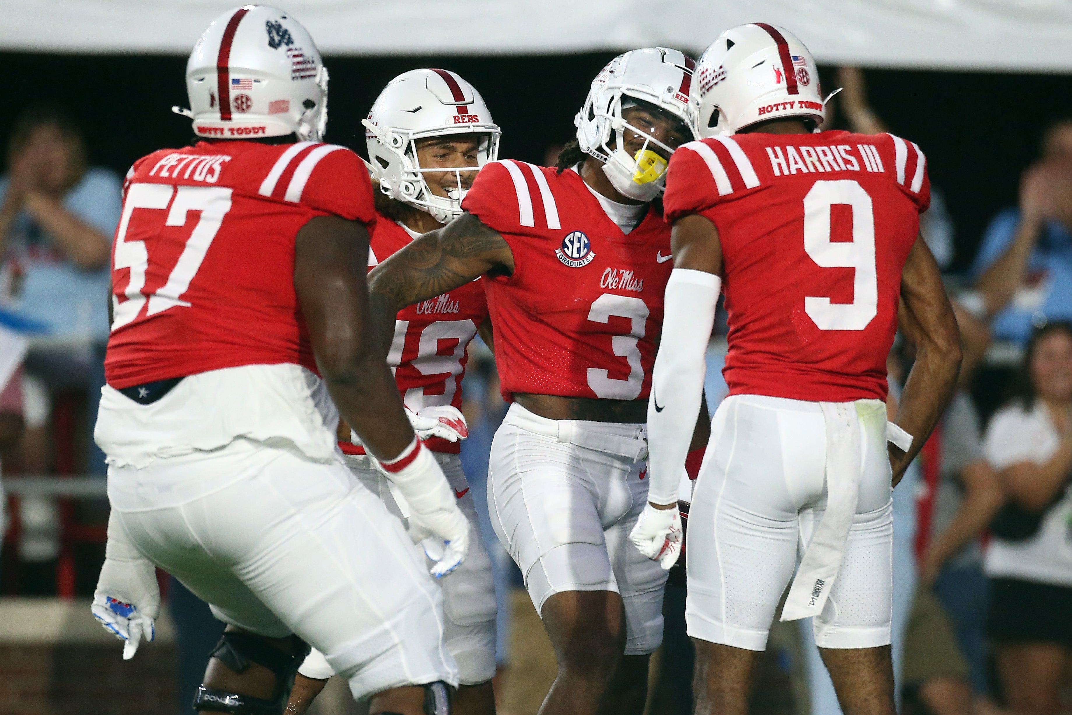 Sep 21, 2024; Oxford, Mississippi, USA; Mississippi Rebels wide receiver Antwane Wells Jr. (3) reacts with wide receiver Tre Harris (9) after a touchdown during the first half against the Georgia Southern Eagles at Vaught-Hemingway Stadium.