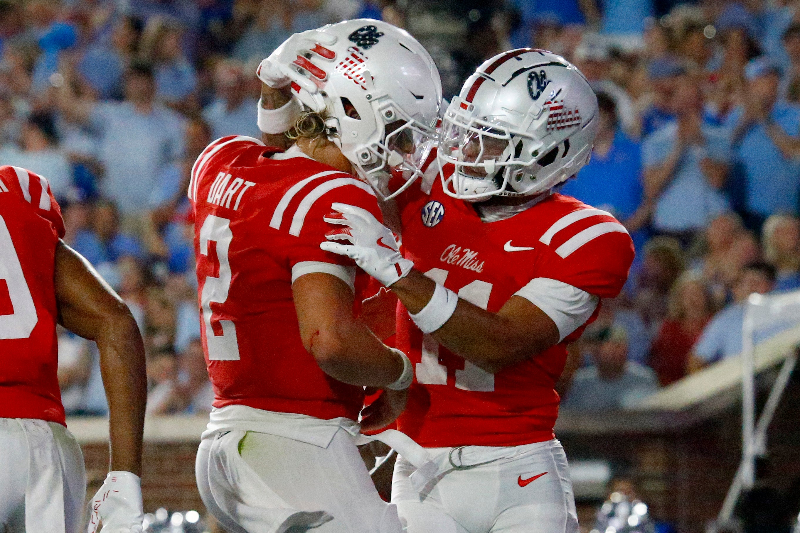 Sep 21, 2024; Oxford, Mississippi, USA; Mississippi Rebels quarterback Jaxson Dart (2) reacts with wide receiver Jordan Watkins (11) after a touchdown during the first half against the Georgia Southern Eagles at Vaught-Hemingway Stadium.