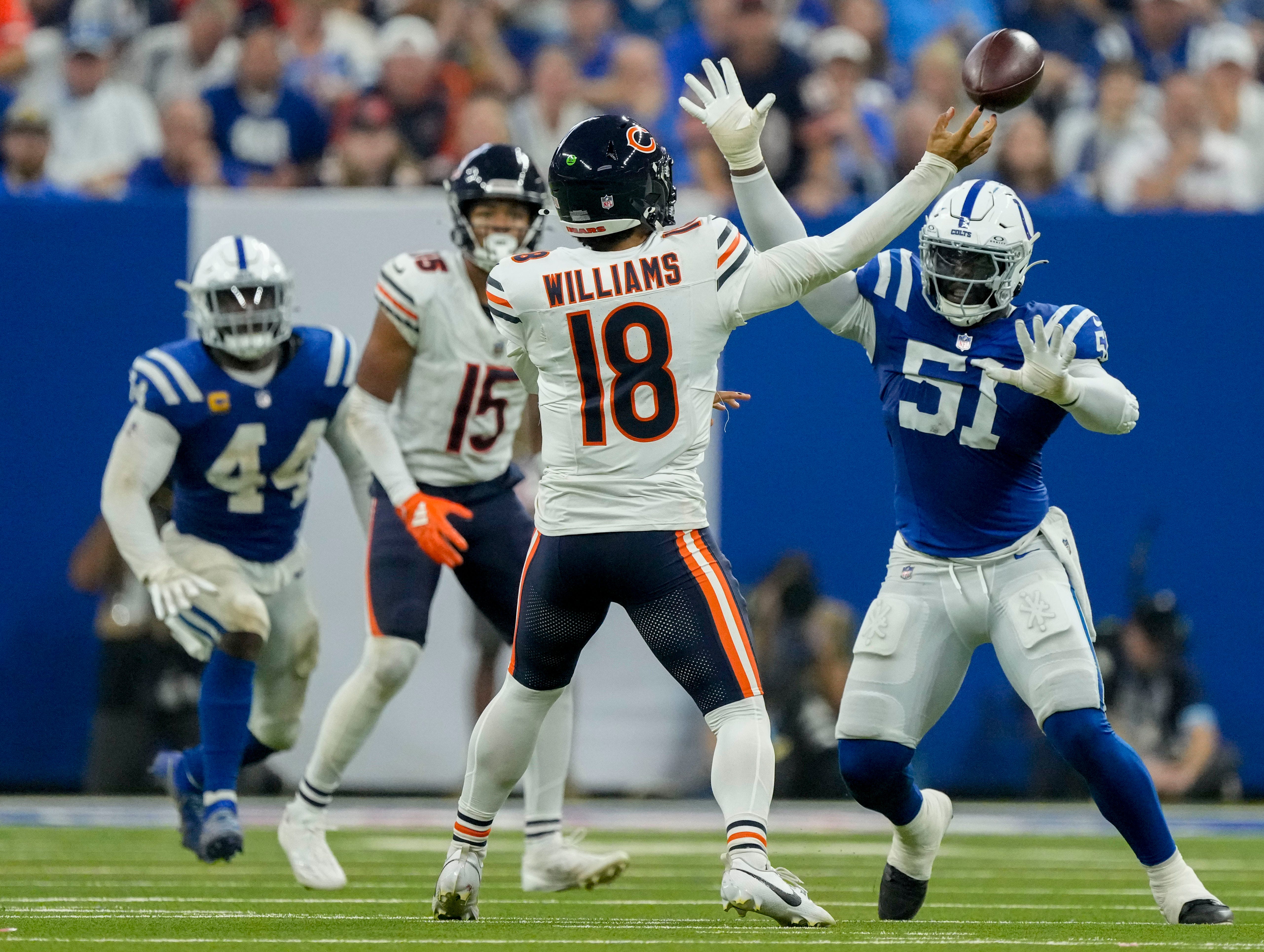 Indianapolis Colts defensive end Kwity Paye (51) pressures Chicago Bears quarterback Caleb Williams (18) on Sunday, Sept. 22, 2024, during a game against the Chicago Bears at Lucas Oil Stadium in Indianapolis.