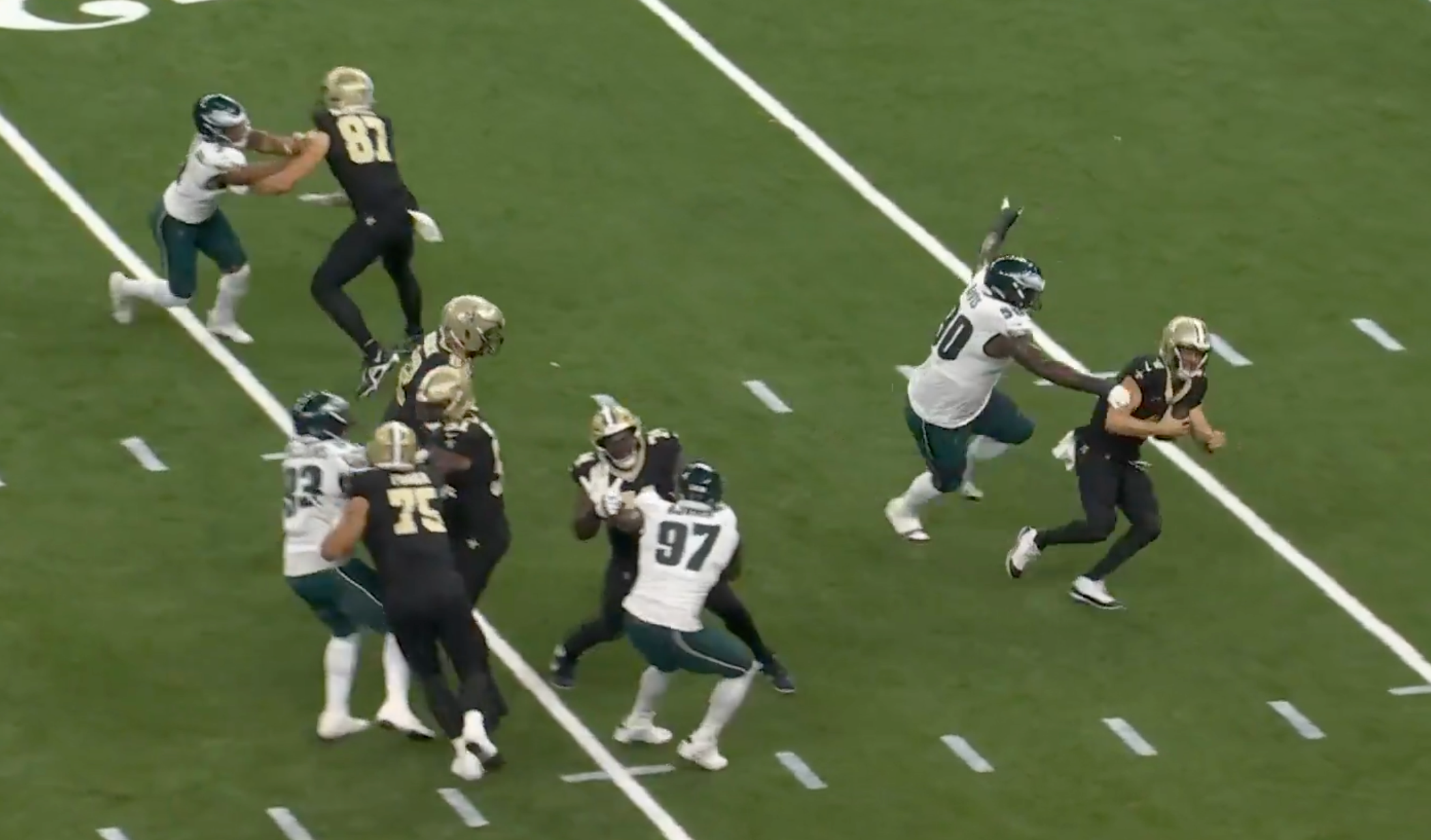 Philadelphia Eagles DT Jordan Davis sacks Derek Carr during Week 3's loss to the New Orleans Saints.