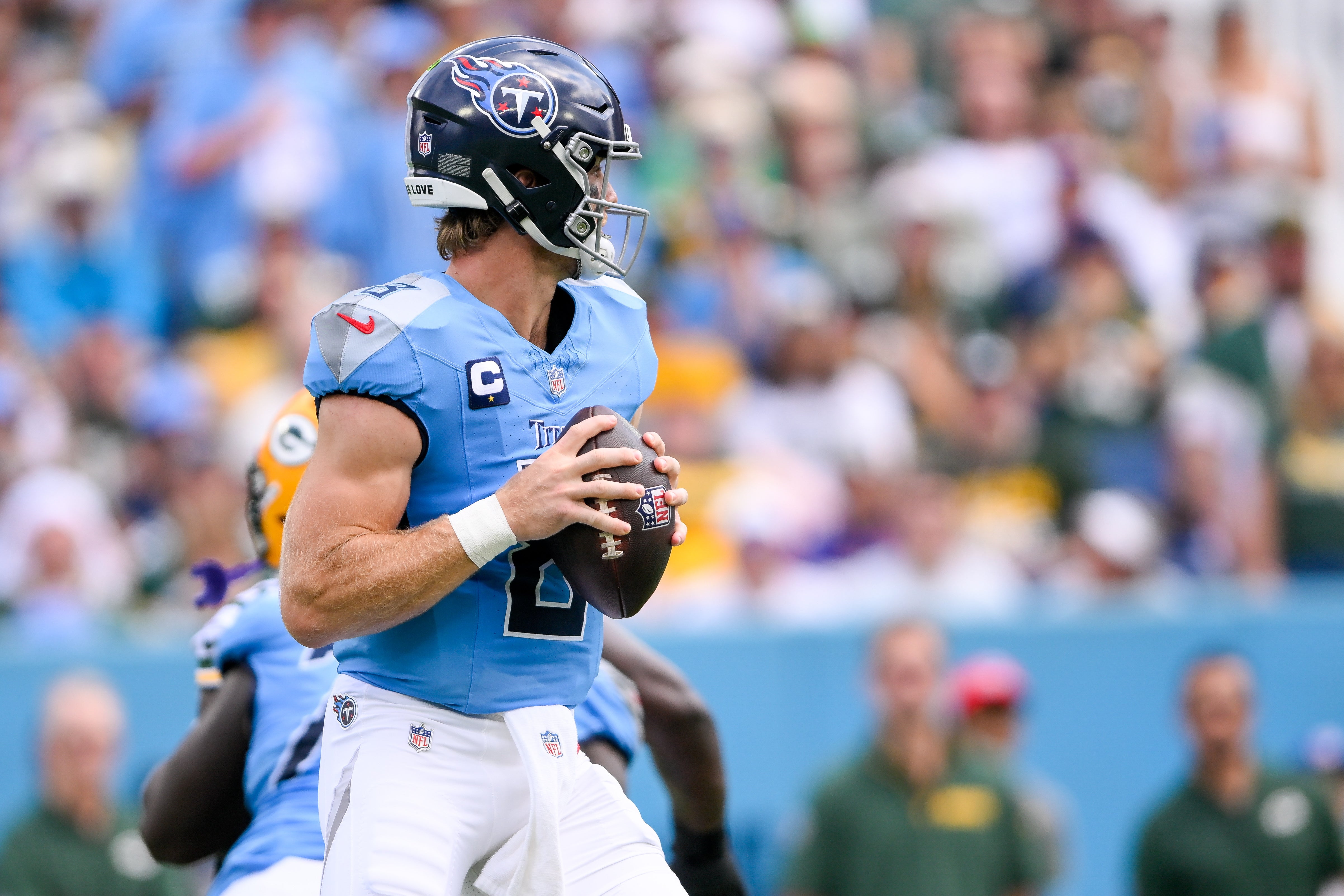 Tennessee Titans quarterback Will Levis (8) stands in the pocket against the Green Bay Packers during the first half at Nissan Stadium. Steve Roberts-Imagn Images