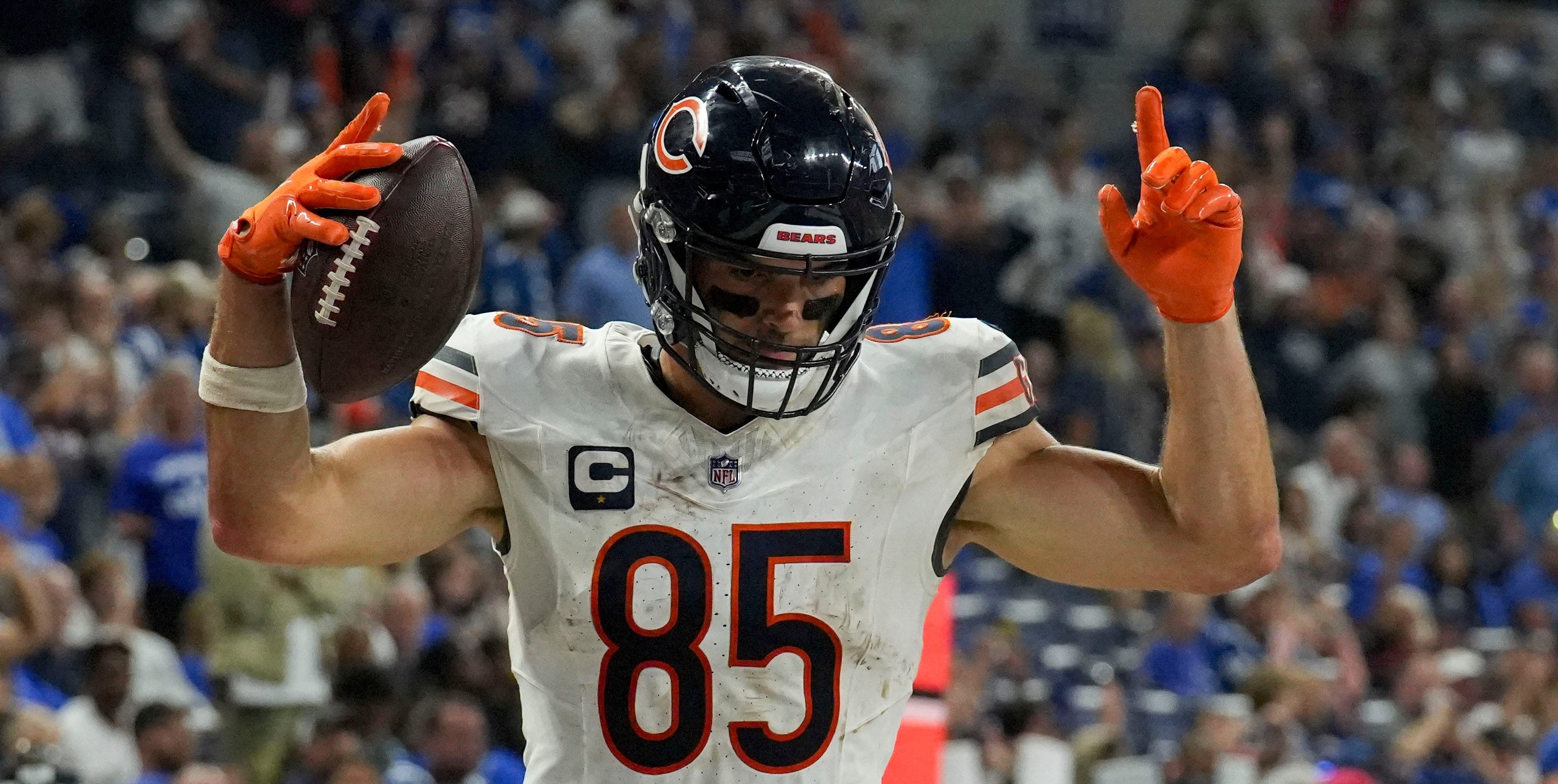 Chicago Bears tight end Cole Kmet (85) celebrates a touchdown Sunday, Sept. 22, 2024, during a game against the Indianapolis Colts at Lucas Oil Stadium in Indianapolis.  