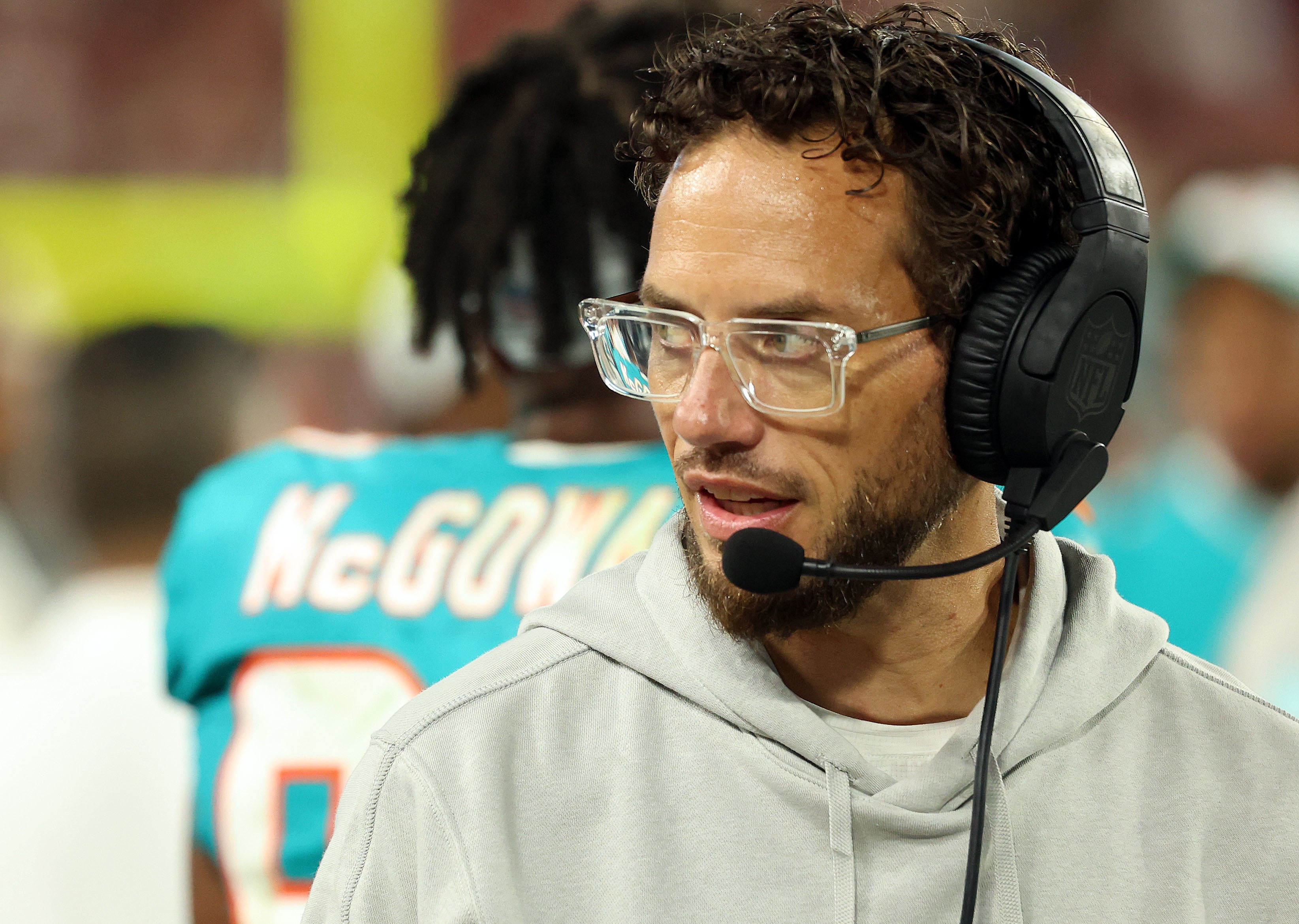 Aug 23, 2024; Tampa, Florida, USA; Miami Dolphins head coach Mike McDaniel against the Tampa Bay Buccaneers during the second half at Raymond James Stadium