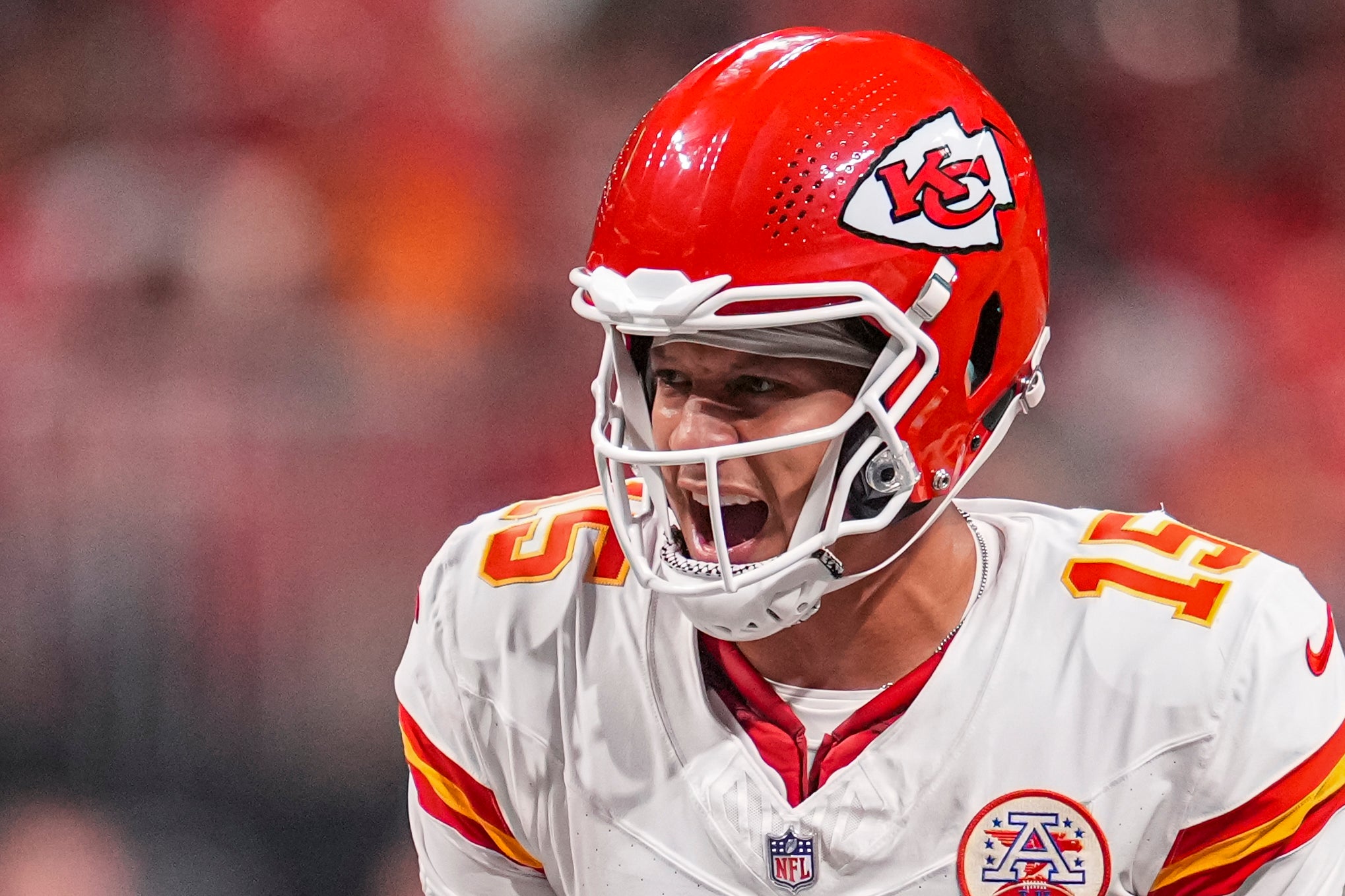 Sep 22, 2024; Atlanta, Georgia, USA; Kansas City Chiefs quarterback Patrick Mahomes (15) calls signals against the Atlanta Falcons during the second half at Mercedes-Benz Stadium.