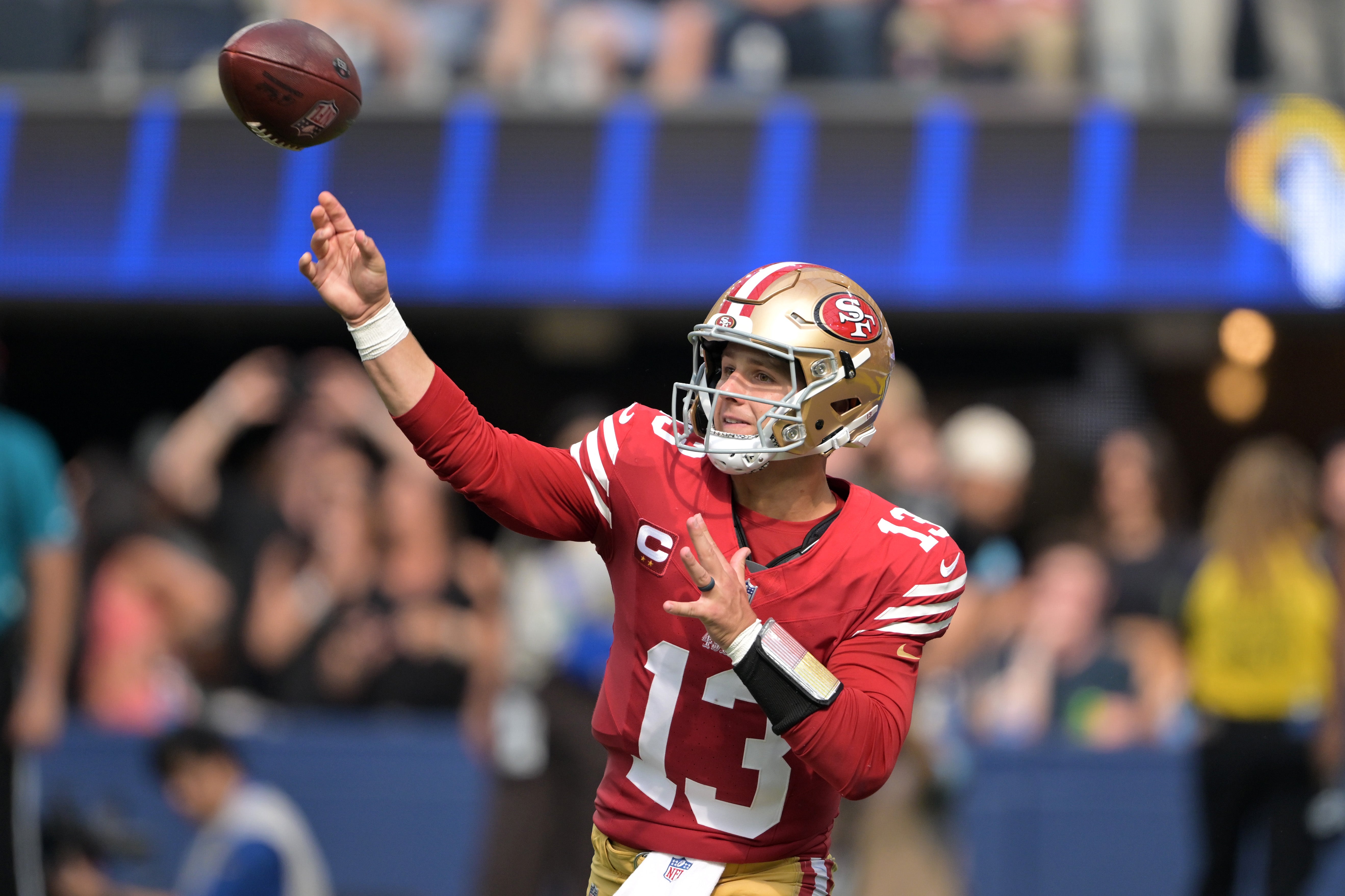 Sep 22, 2024; Inglewood, California, USA; San Francisco 49ers quarterback Brock Purdy (13) throws a pass in the second half at SoFi Stadium.