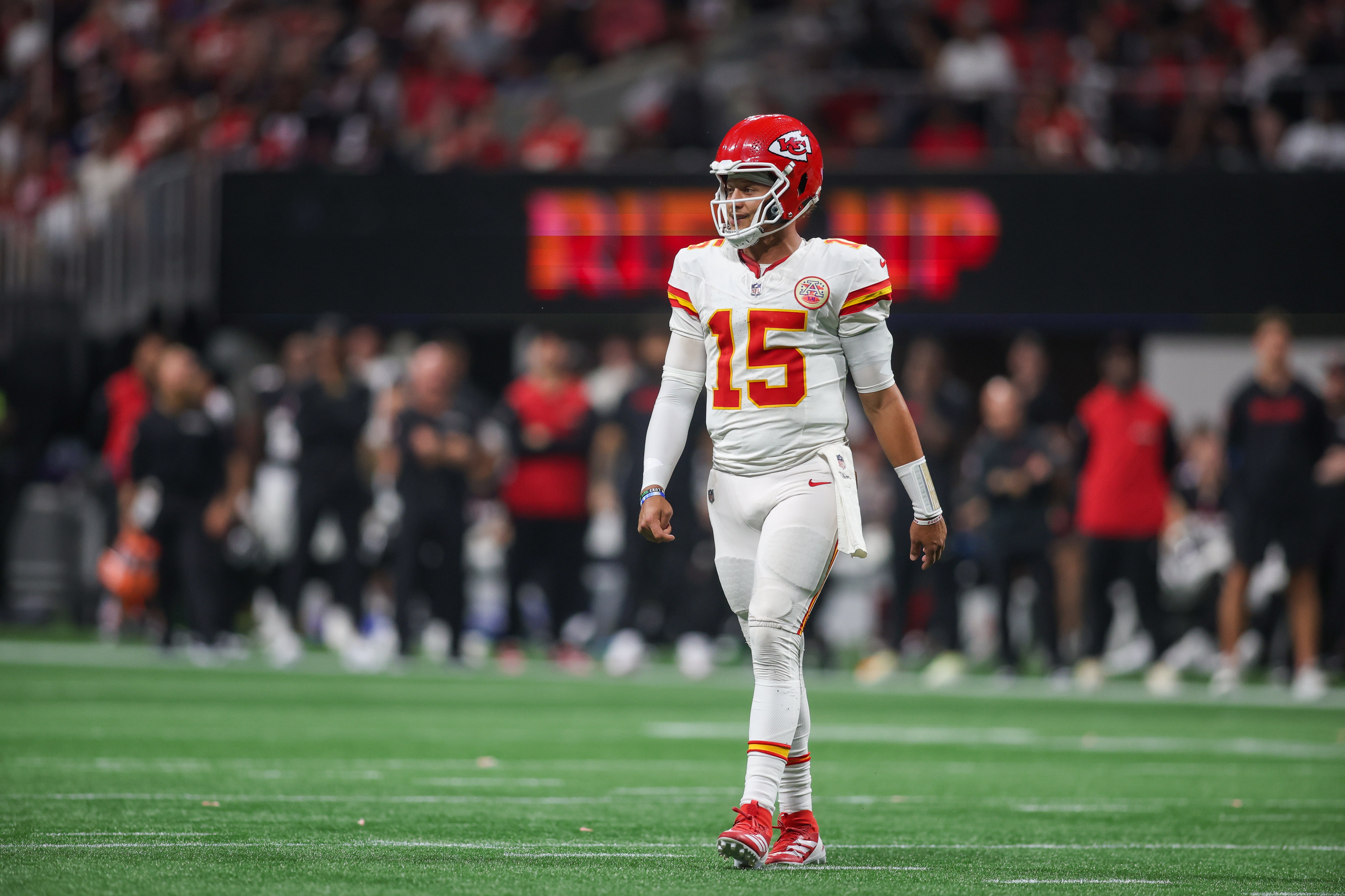 Sep 22, 2024; Atlanta, Georgia, USA; Kansas City Chiefs quarterback Patrick Mahomes (15) in action against the Atlanta Falcons in the third quarter at Mercedes-Benz Stadium.