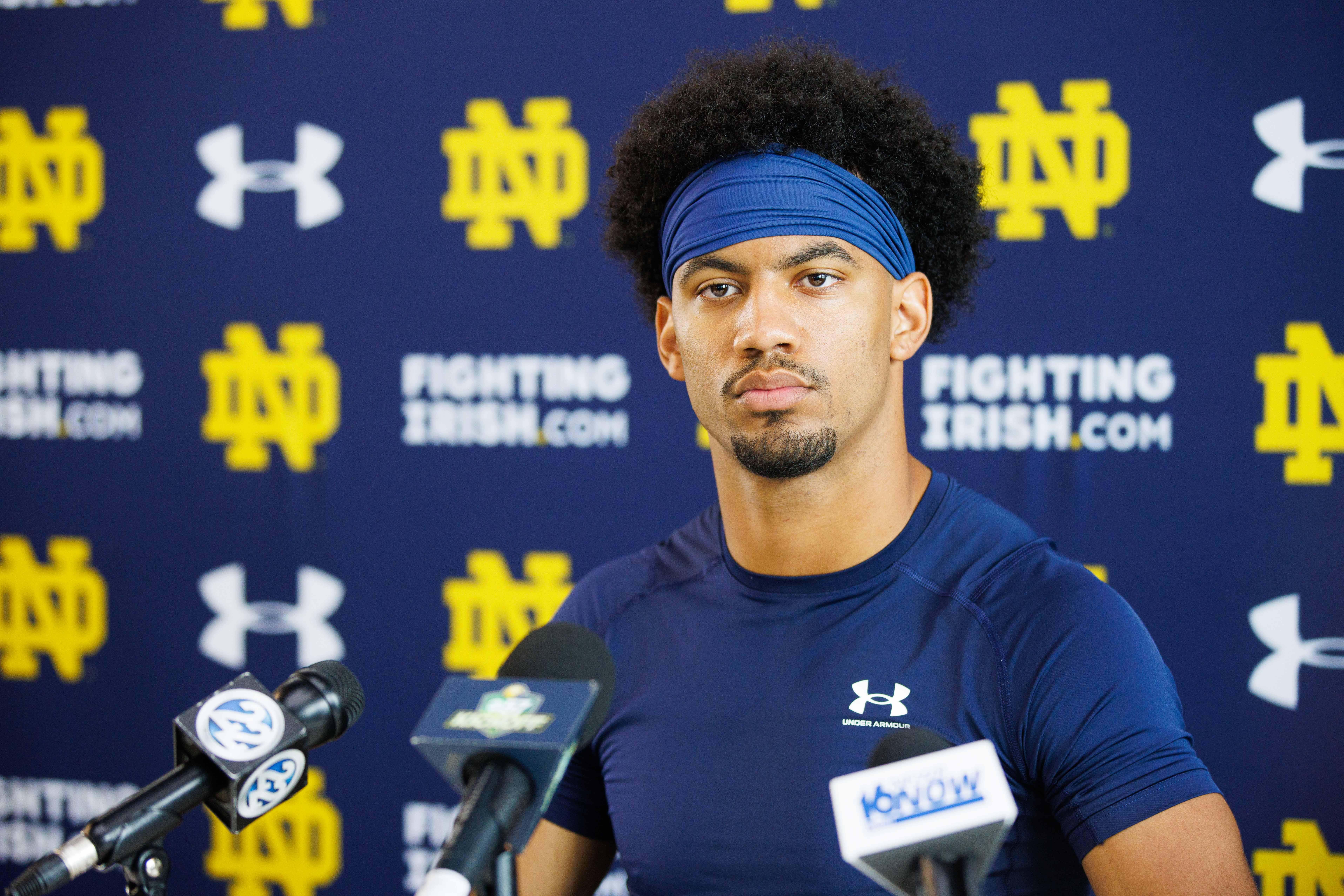 Notre Dame corner back Jaden Mickey addresses media after a Notre Dame football practice at Irish Athletic Center on Thursday, Aug. 15, 2024, in South Bend.