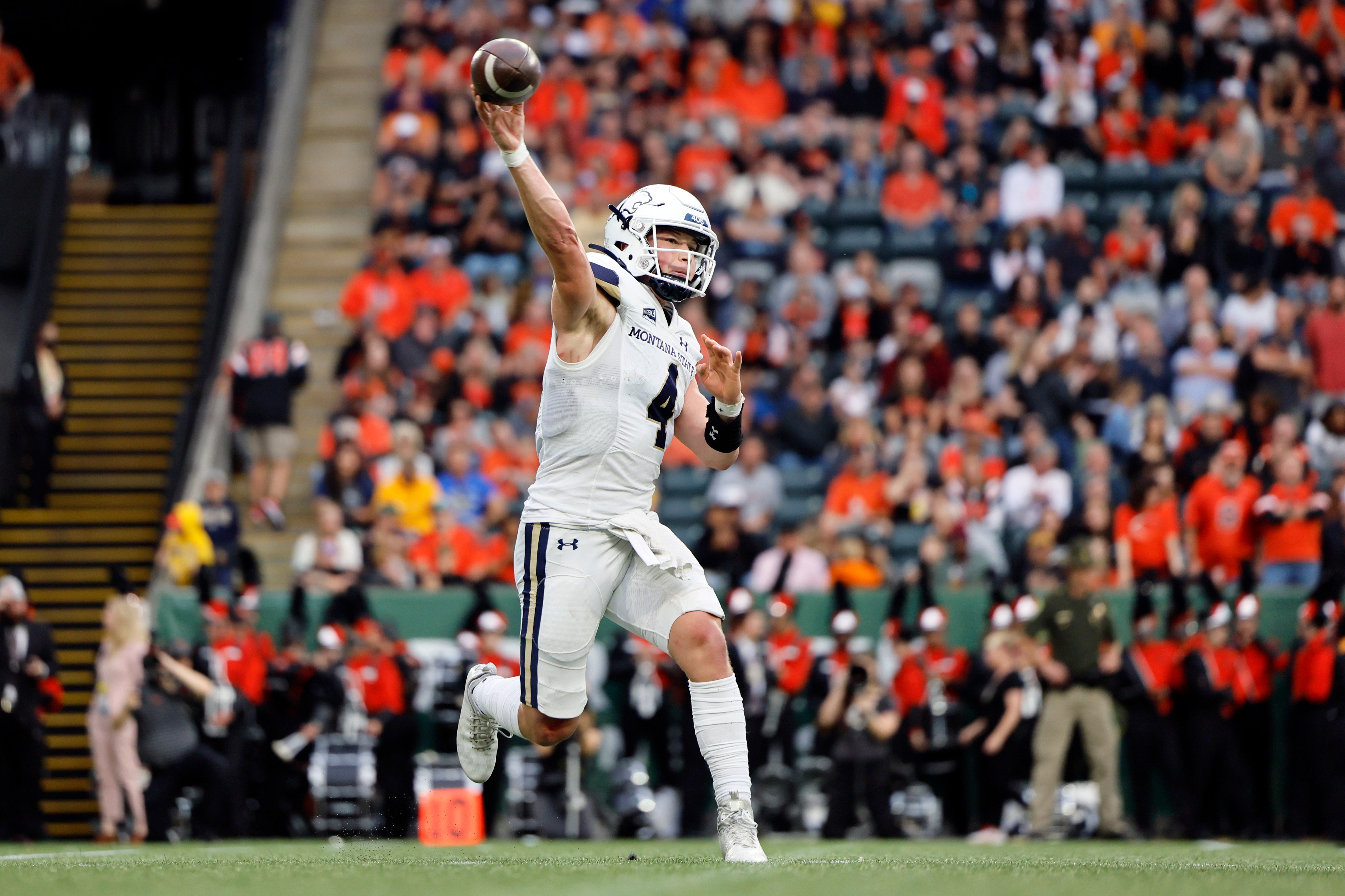 Montana State Bobcats quarterback Tommy Mellott (4) throws the ball during the first half against the Oregon State Beavers at Providence Park.
