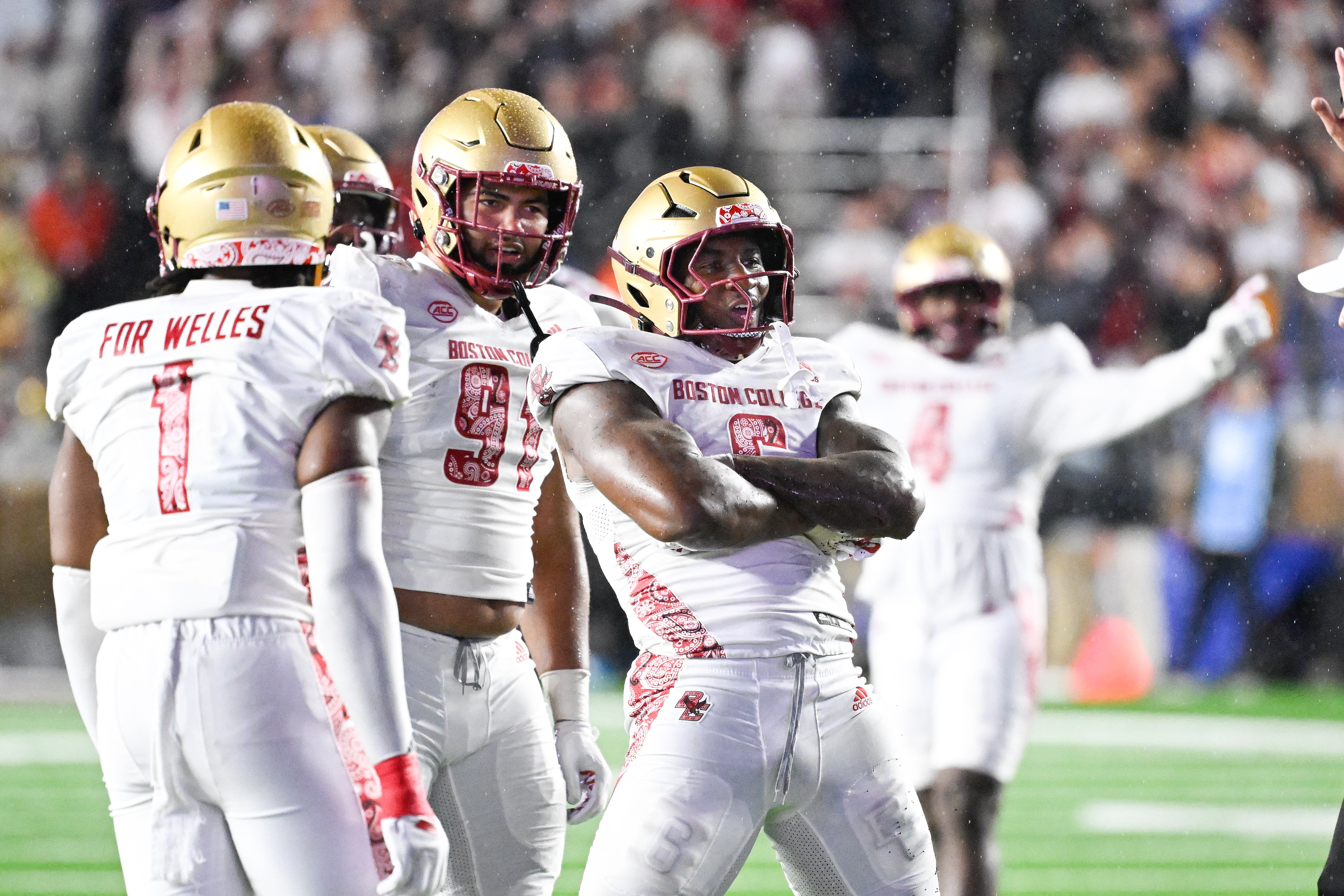 Sep 21, 2024; Chestnut Hill, Massachusetts, USA; Boston College Eagles defensive end Donovan Ezeiruaku (6) reacts to his sack against the Michigan State Spartans during the second half at Alumni Stadium.