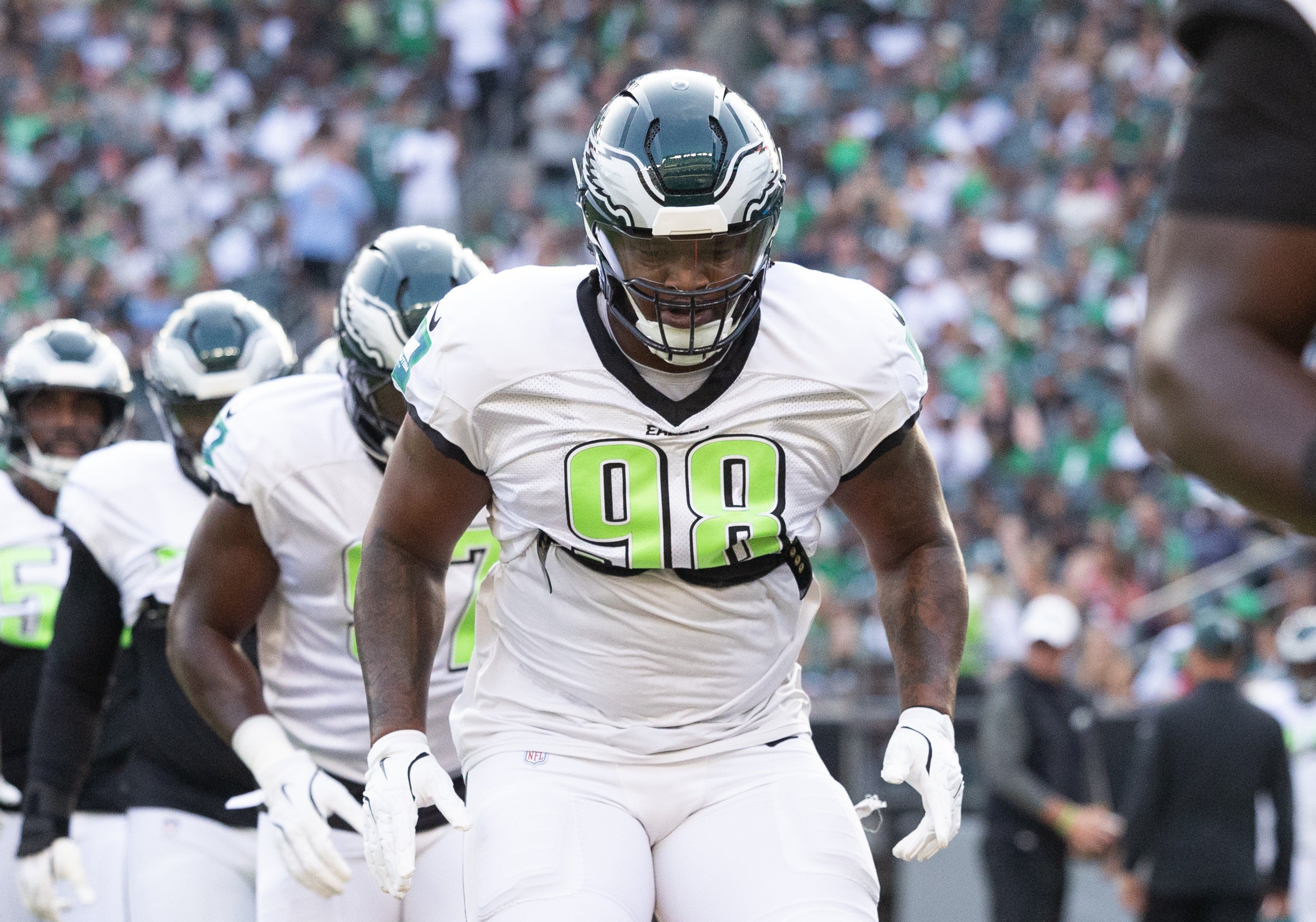 Philadelphia Eagles defensive tackle Jalen Carter (98) runs drills during a training camp practice at Lincoln Financial Field.