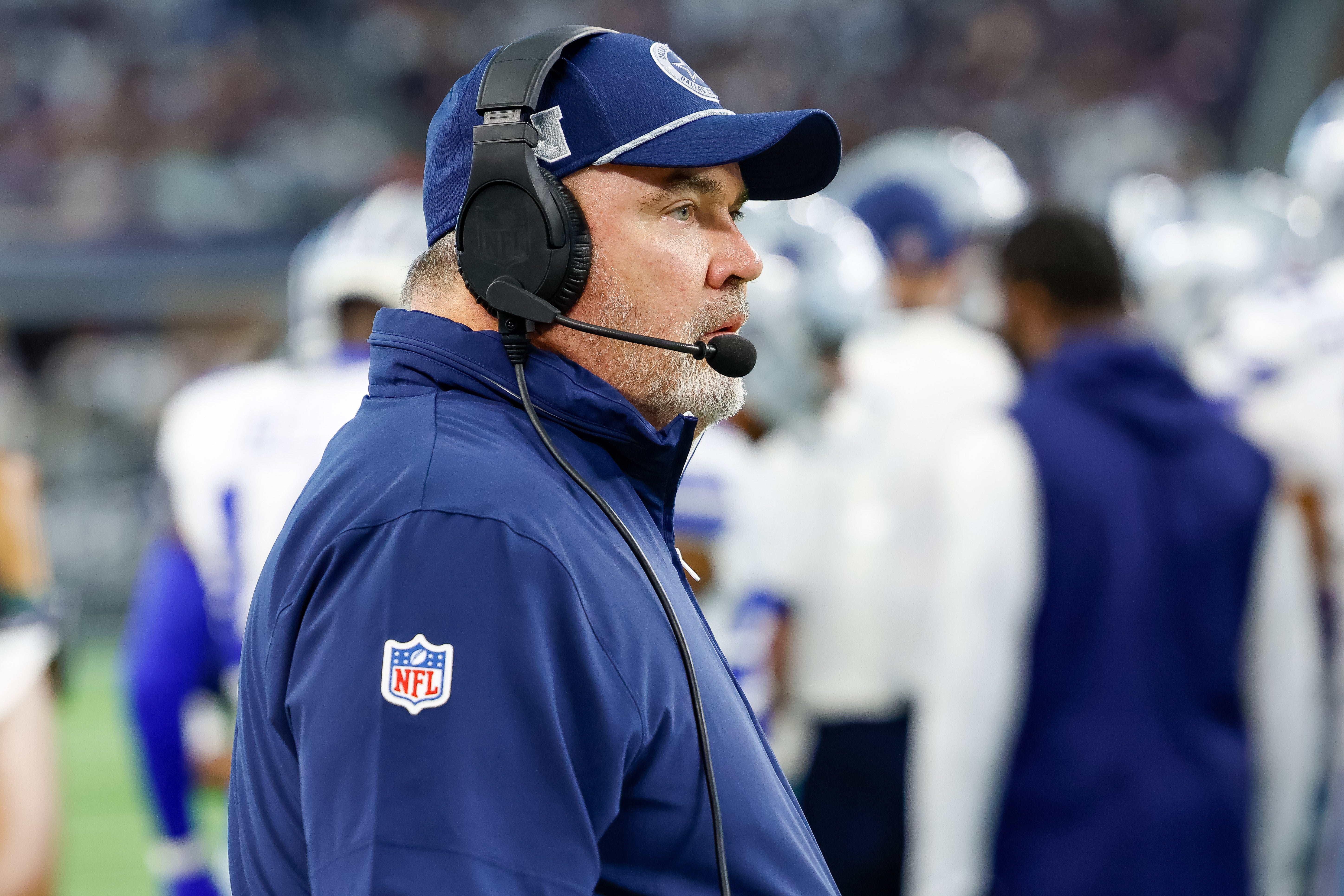 Dallas Cowboys head coach Mike McCarthy looks on during the first quarter against the Baltimore Ravens at AT&T Stadium.
