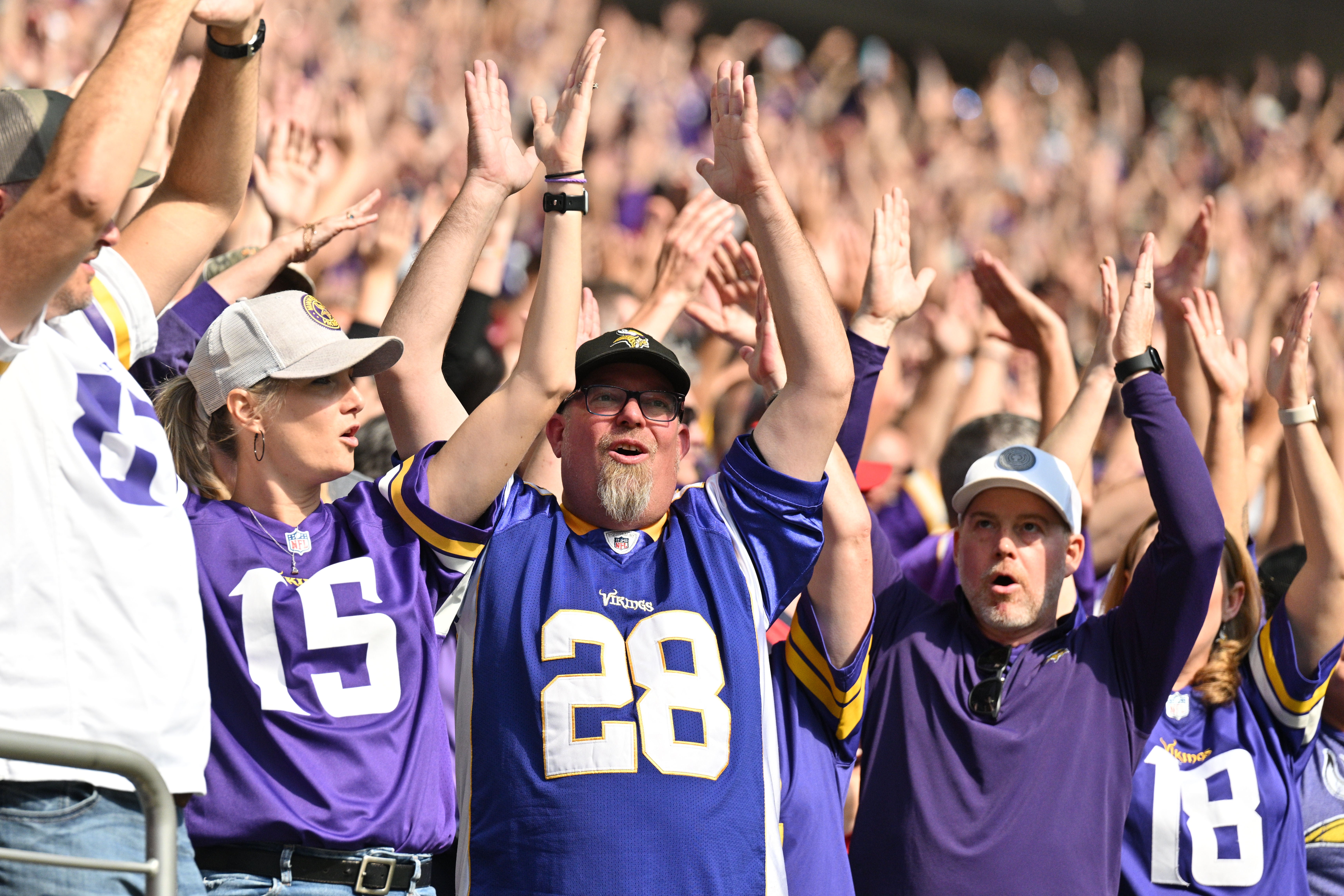 Sep 22, 2024; Minneapolis, Minnesota, USA; Minnesota Vikings fans react during the third quarter against the Houston Texans at U.S. Bank Stadium.