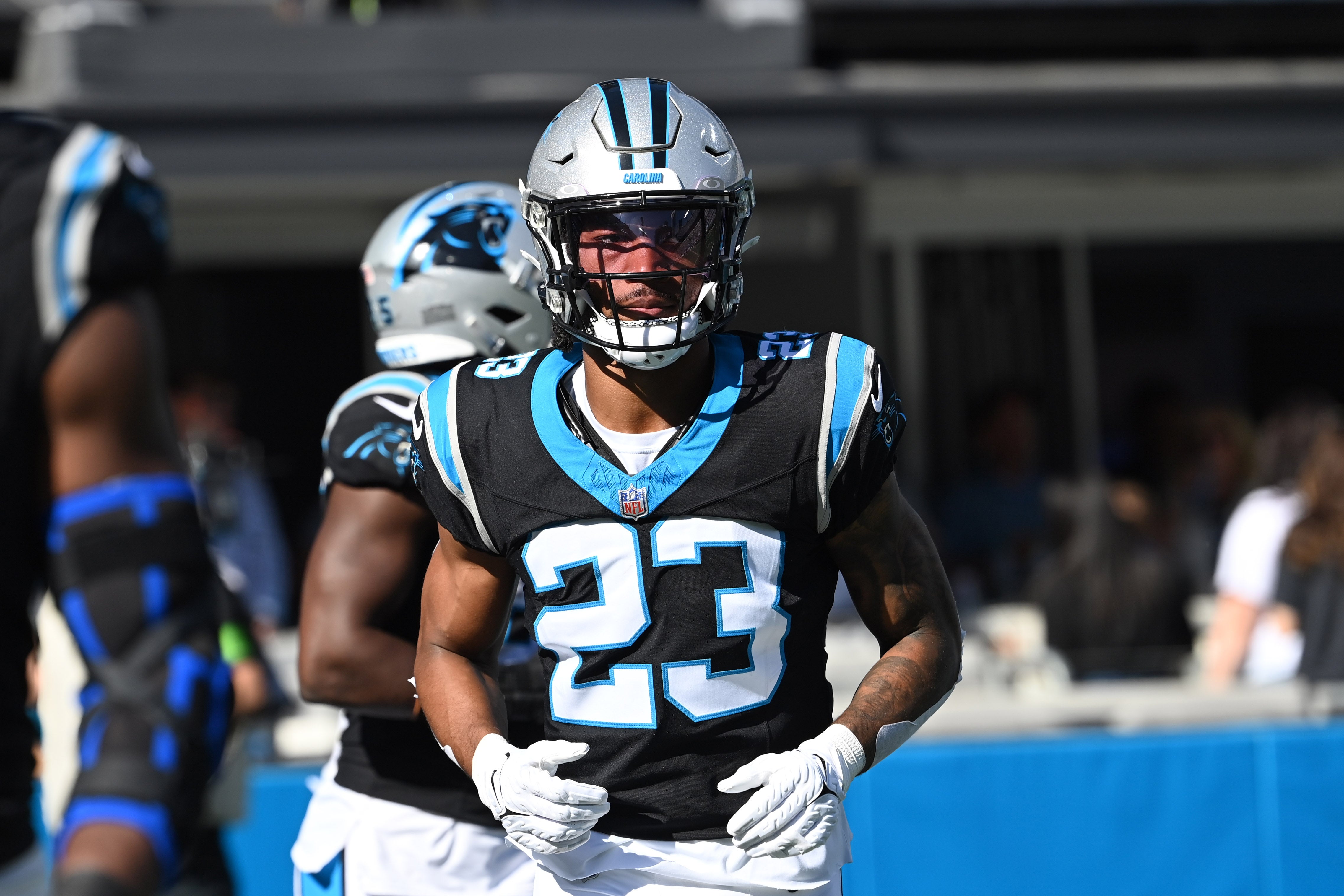 Oct 29, 2023; Charlotte, North Carolina, USA; Carolina Panthers cornerback CJ Henderson (23) on the field in the third quarter at Bank of America Stadium.