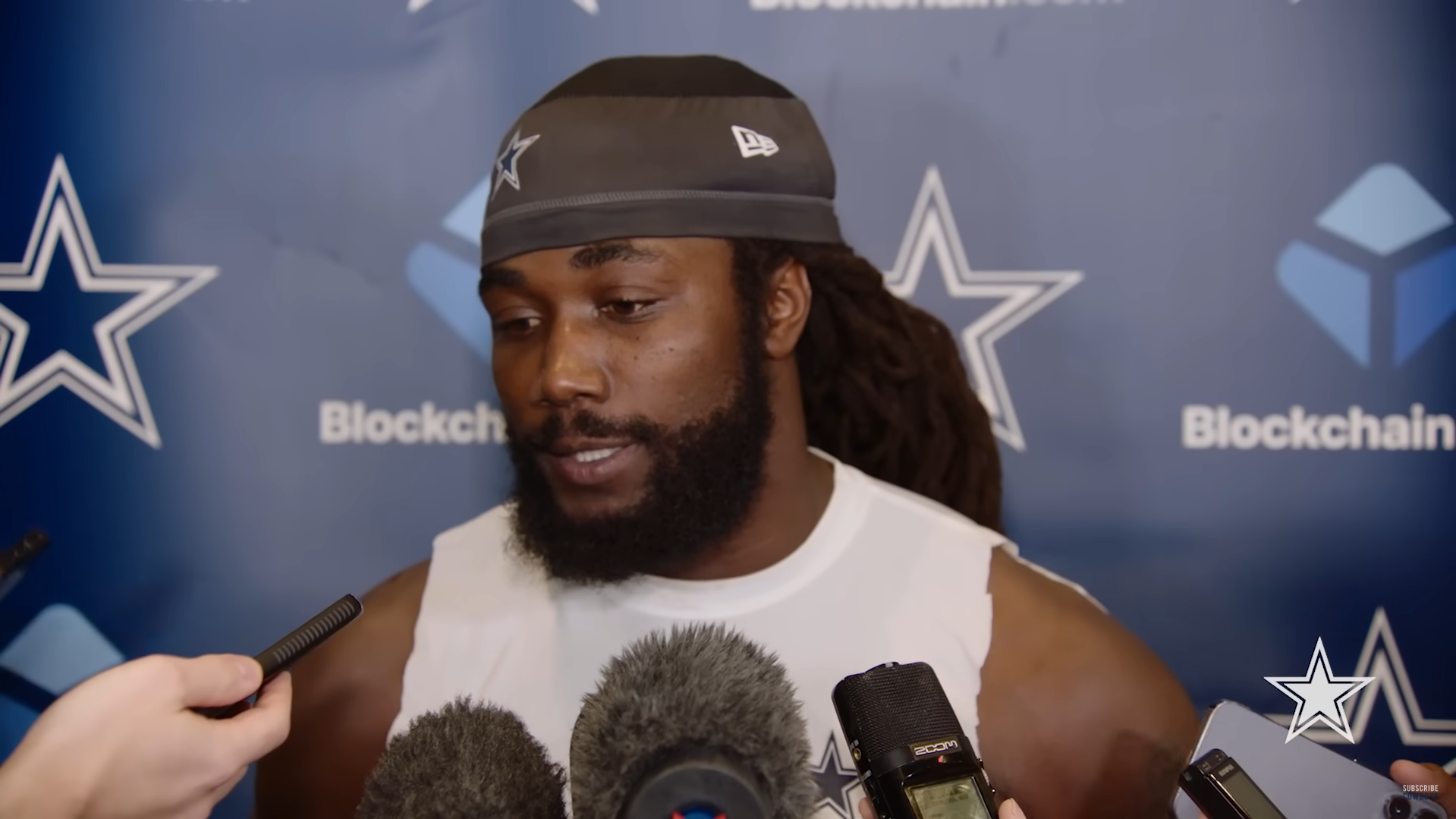 Dallas Cowboys RB Dalvin Cook talking with reporters.