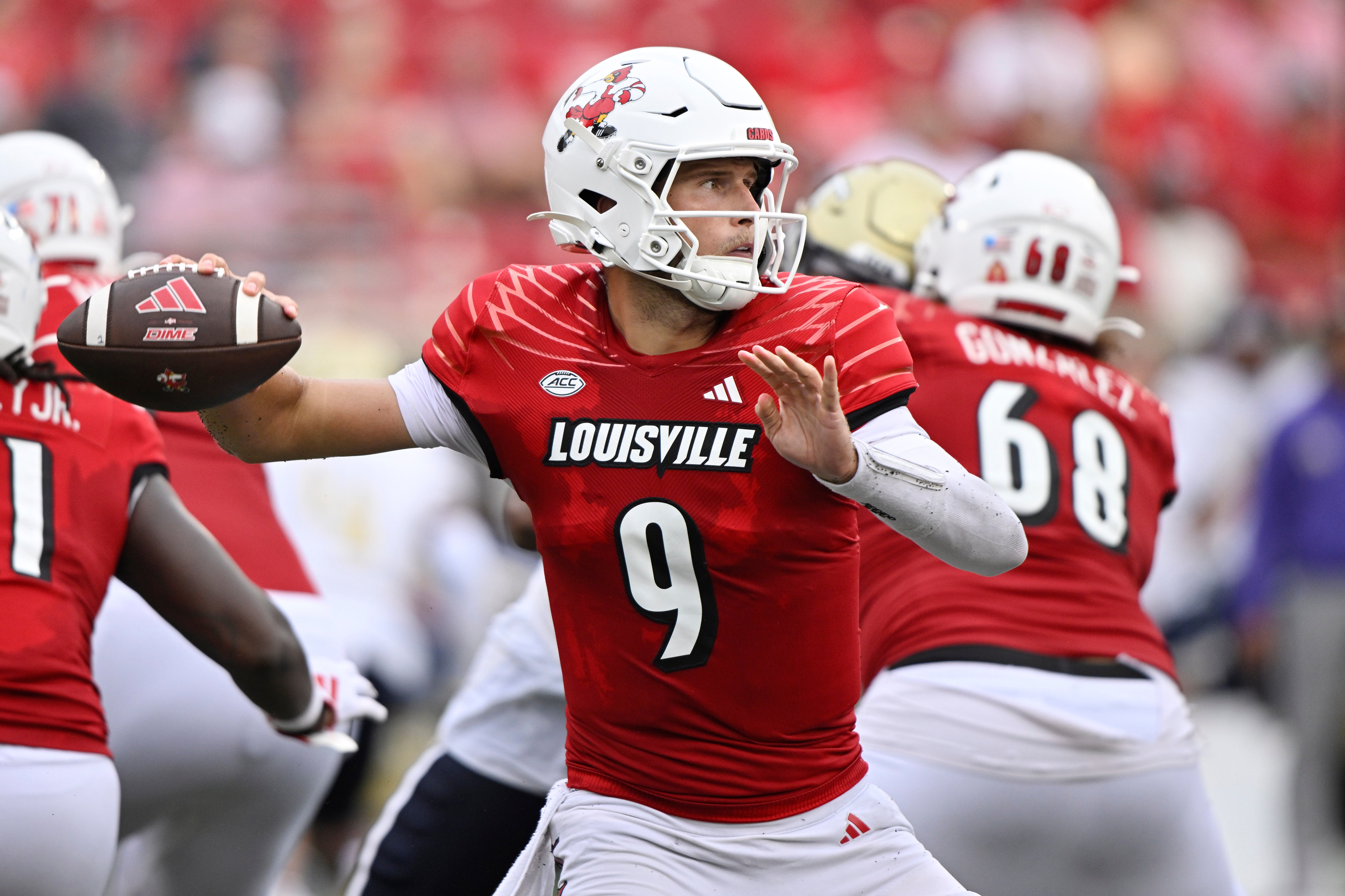 Louisville Cardinals quarterback Tyler Shough (9) looks to pass against the Georgia Tech Yellow Jackets during the second half at L&N Federal Credit Union Stadium.