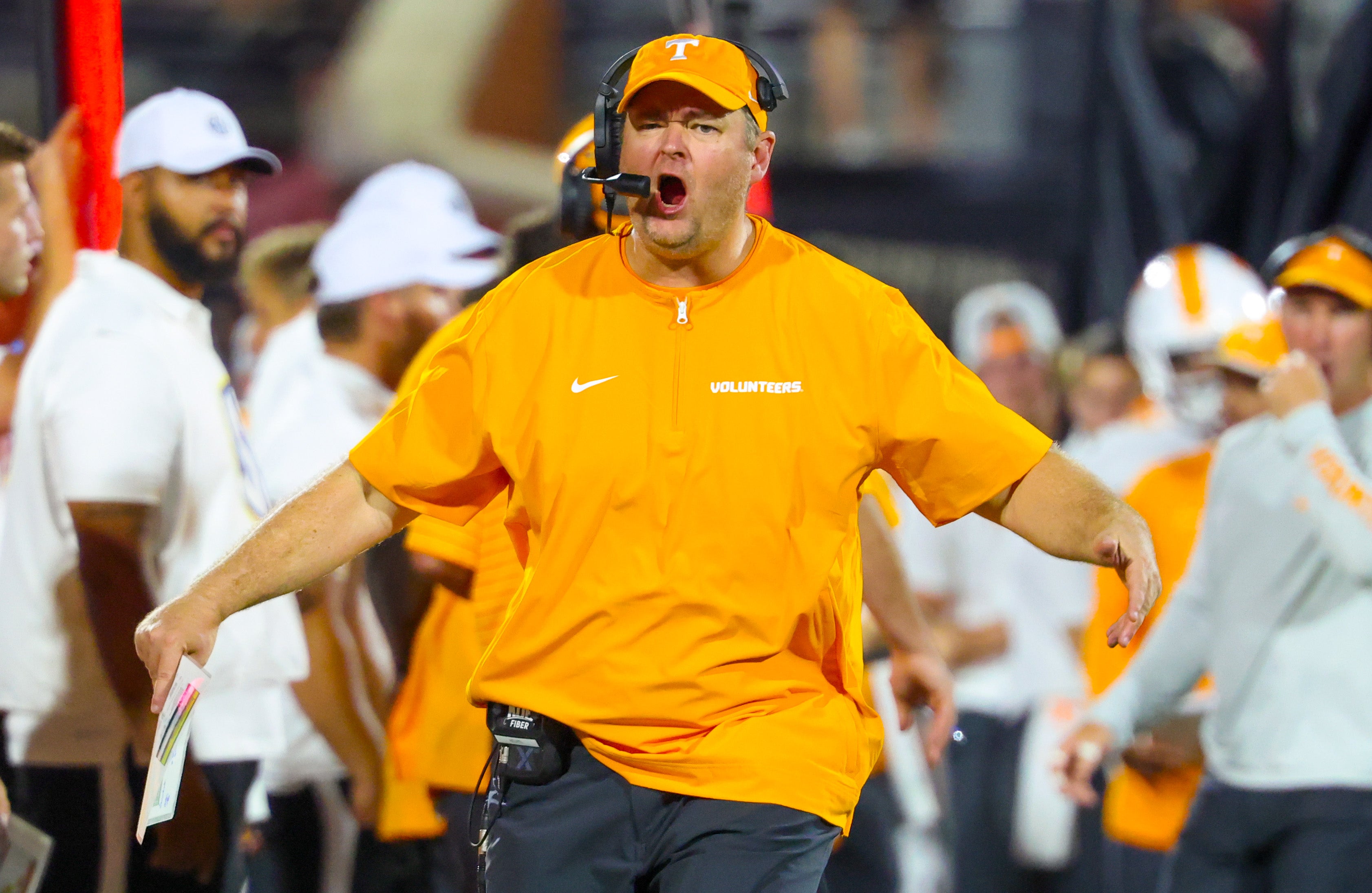 Sep 21, 2024; Norman, Oklahoma, USA; Tennessee Volunteers head coach Josh Heupel reacts during the game against the Oklahoma Sooners at Gaylord Family-Oklahoma Memorial Stadium.