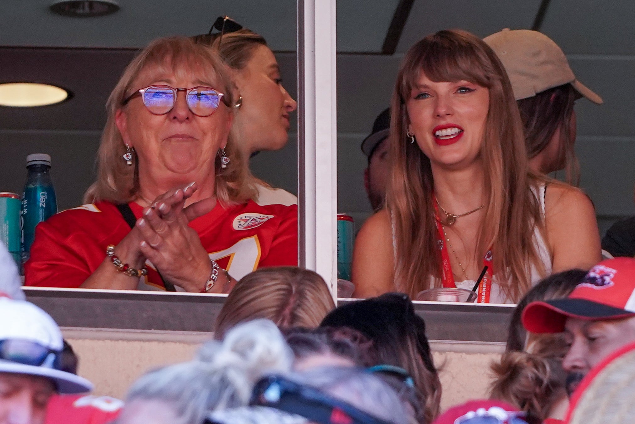 Sep 24, 2023; Kansas City, Missouri, USA; Recording artist Taylor Swift cheers against the Chicago Bears during the game at GEHA Field at Arrowhead Stadium.