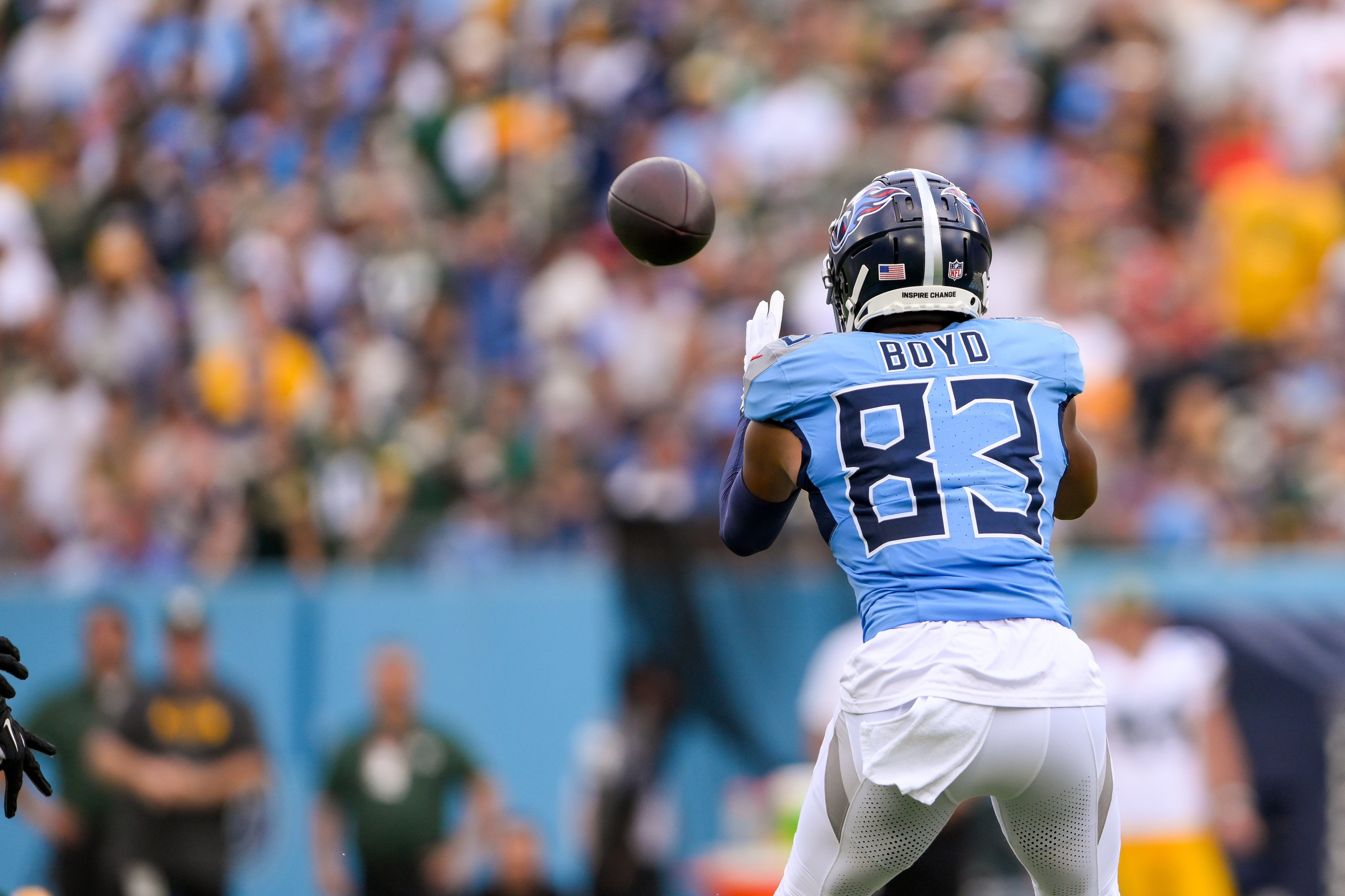 Tennessee Titans wide receiver Tyler Boyd (83) makes a catch against the Green Bay Packers during the first half at Nissan Stadium. Steve Roberts-Imagn Images