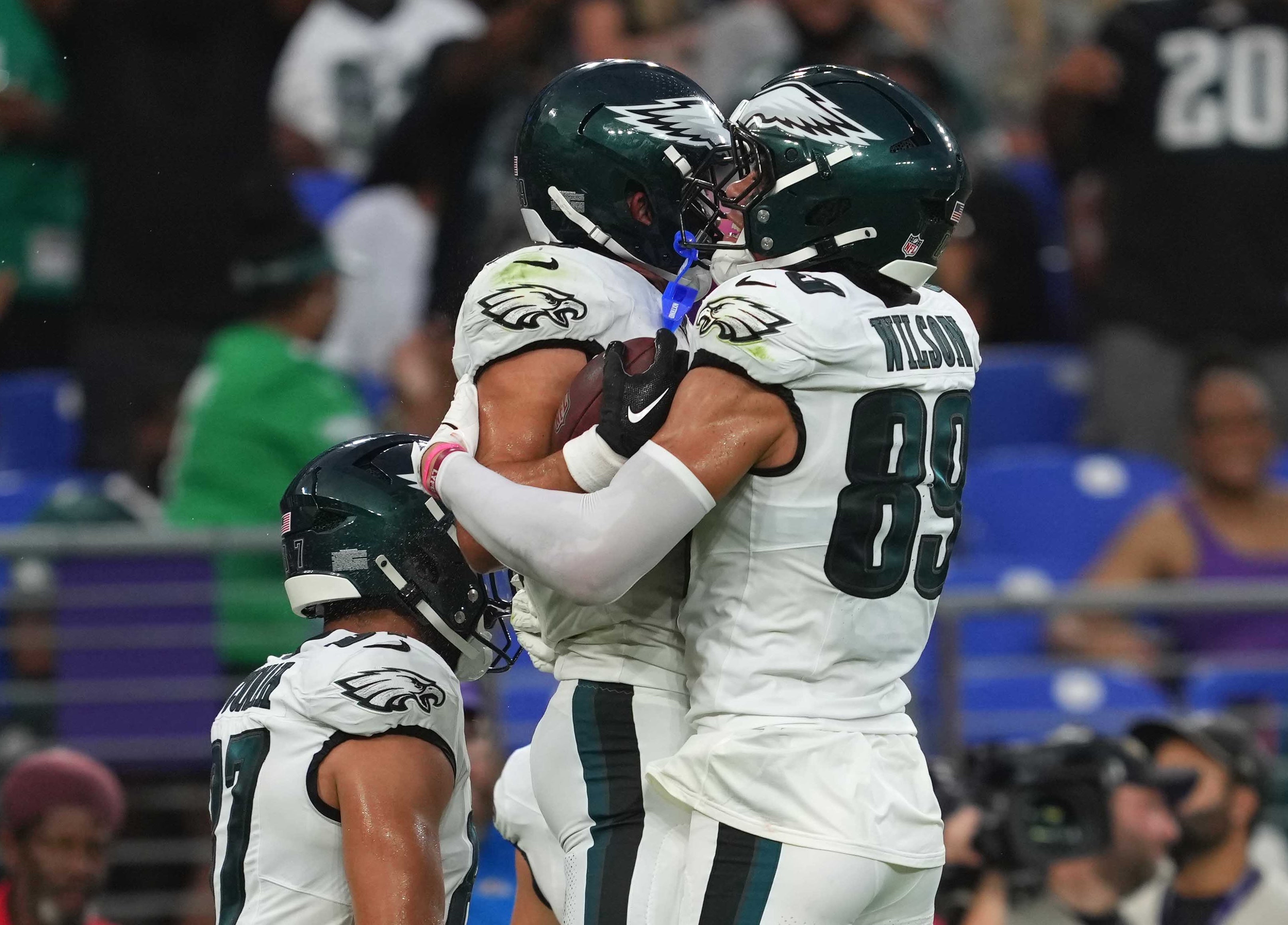 Philadelphia Eagles running back Will Shipley (39) celebrates his first quarter touchdown with wide receiver Johnny Wilson (89) against the Baltimore Ravens at M&T Bank Stadium.
