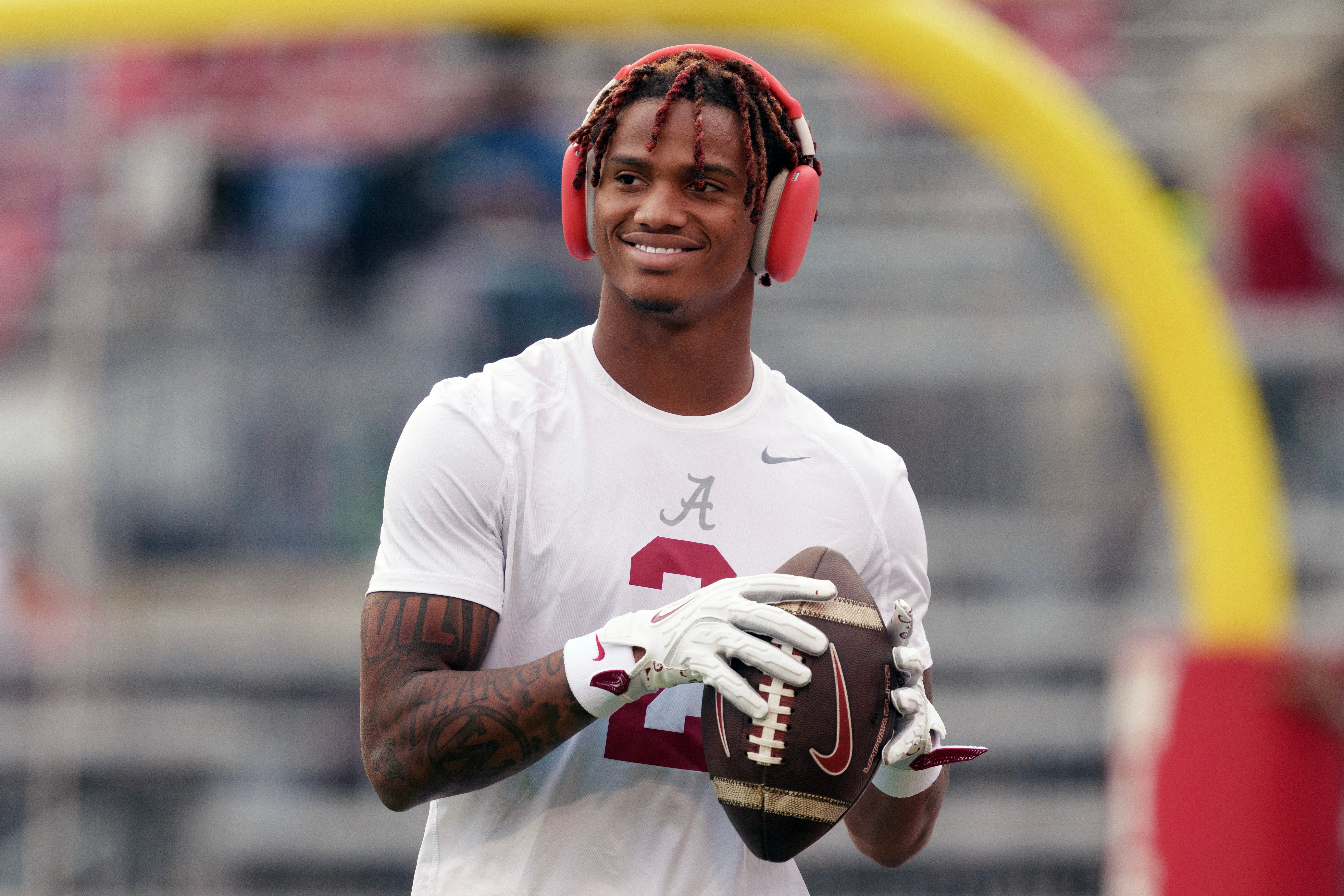 Sep 14, 2024; Madison, Wisconsin, USA; Alabama Crimson Tide wide receiver Ryan Williams (2) looks on during warmups prior to the game against the Wisconsin Badgers at Camp Randall Stadium.