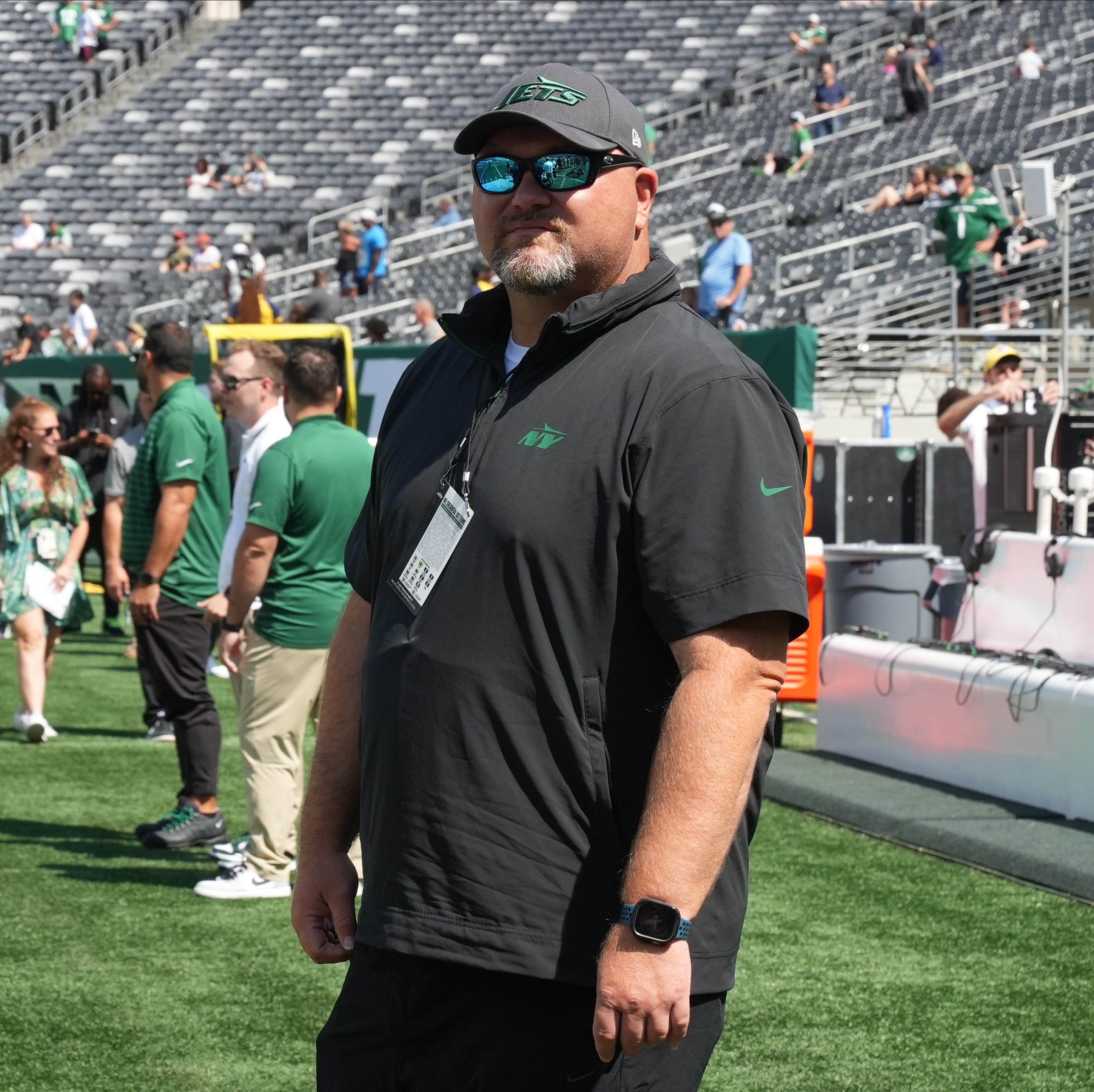 Jets general manager Joe Douglas during pregame warm-ups as the Washington Commanders came to MetLife Stadium to play the New York Jets in the first preseason game of the 2024 season.
