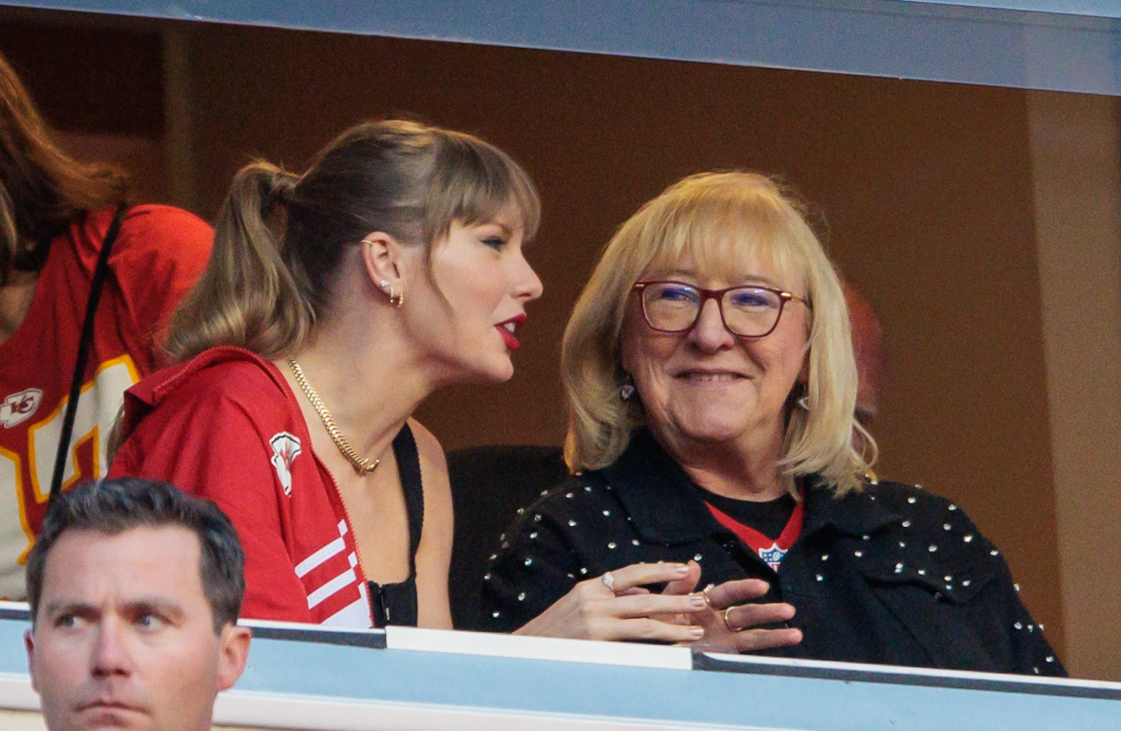 Oct 12, 2023; Kansas City, Missouri, USA; Grammy award winning artist Taylor Swift watches Kansas City Chiefs take the field along with Kansas City Chiefs tight end Travis Kelce (87) mom Donna Kelce prior to the game against the Denver Broncos at GEHA Field at Arrowhead Stadium. 