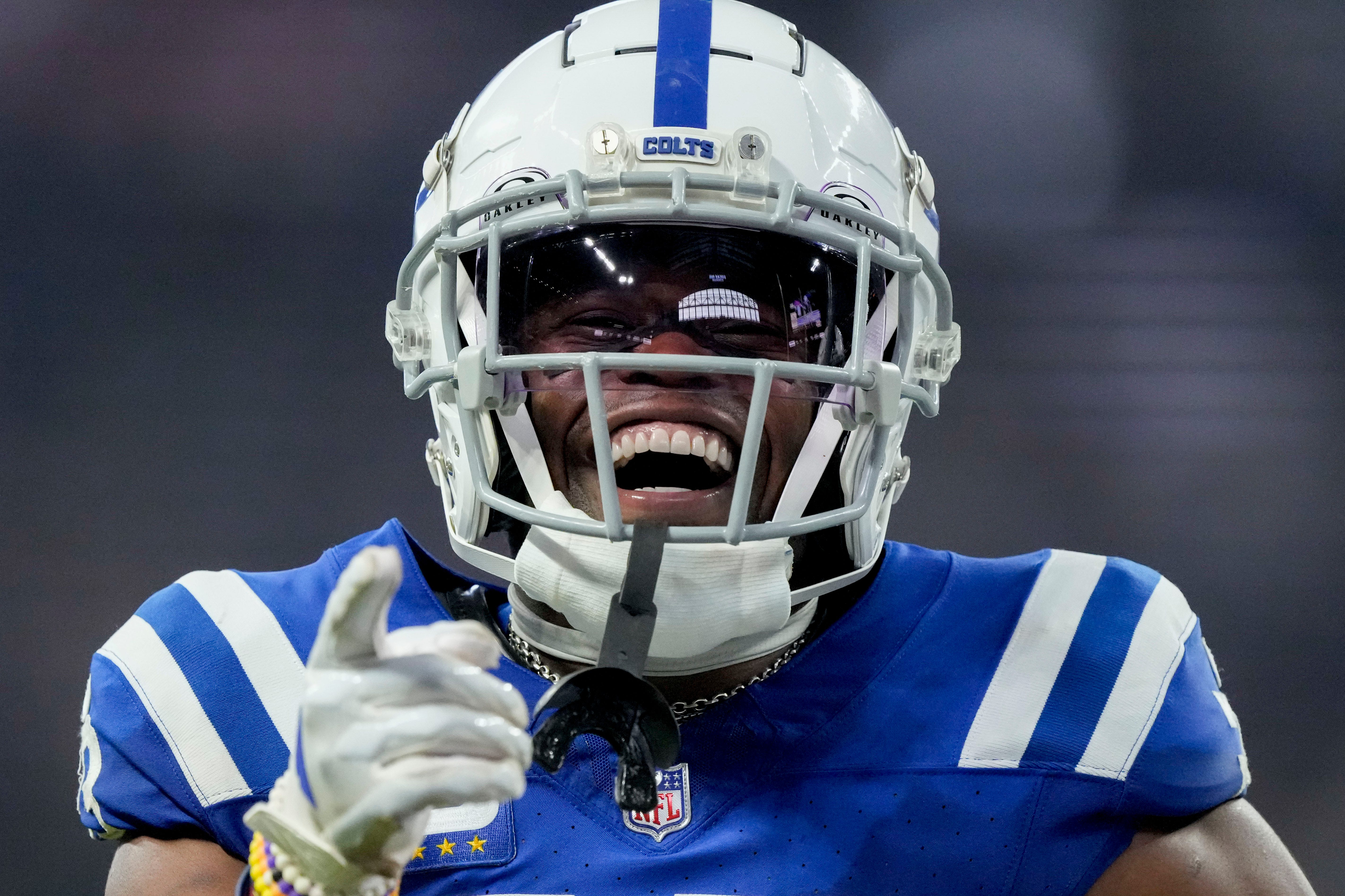 Indianapolis Colts cornerback Kenny Moore II (23) celebrates after sacking Chicago Bears quarterback Caleb Williams (18) on Sunday, Sept. 22, 2024, during a game against the Chicago Bears at Lucas Oil Stadium in Indianapolis.