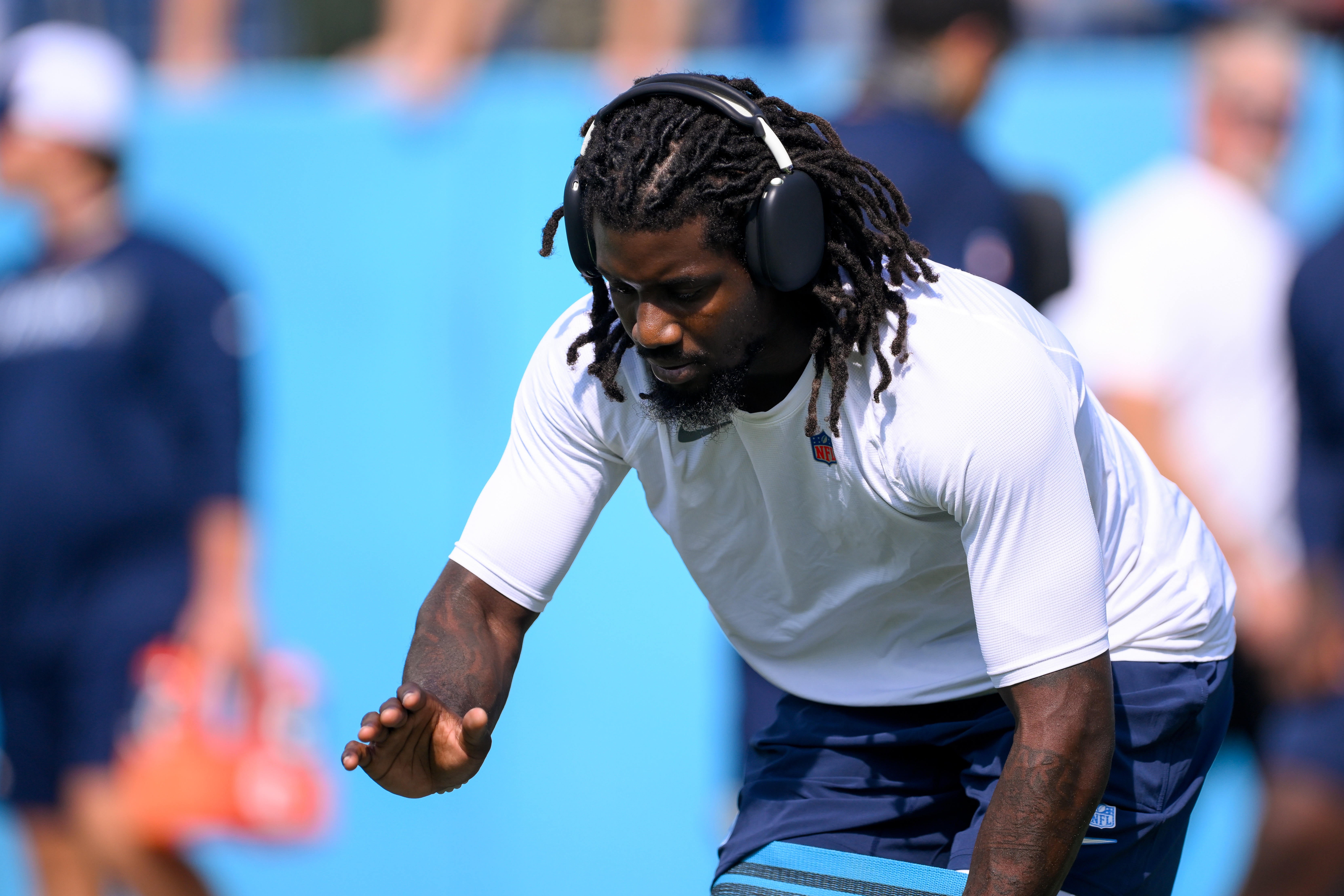 Tennessee Titans offensive tackle Jaelyn Duncan (71) during pregame warmups against the Green Bay Packers at Nissan Stadium. Steve Roberts-Imagn Images