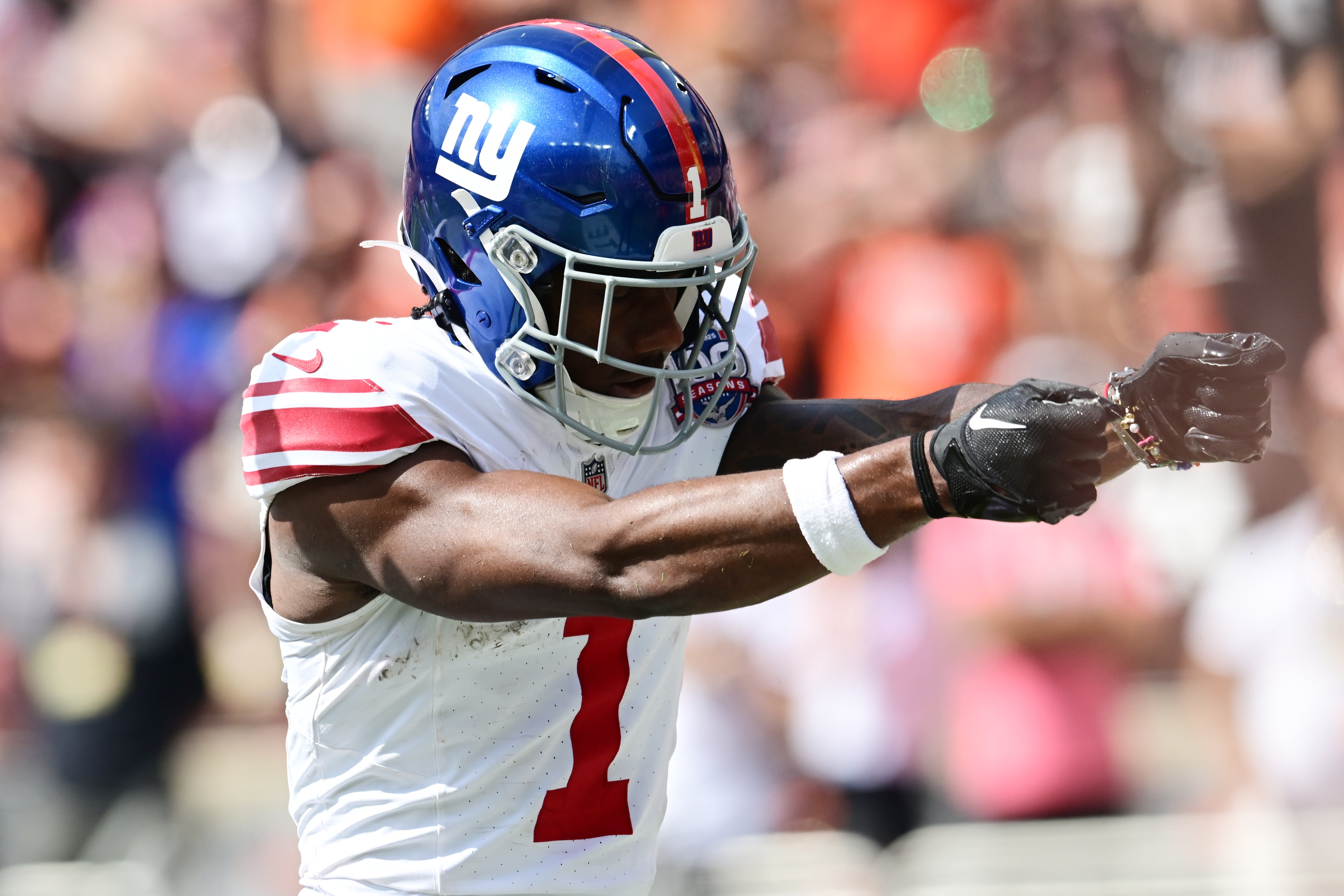 New York Giants wide receiver Malik Nabers (1) celebrates after catching a touchdown during the first half against the Cleveland Browns at Huntington Bank Field.
