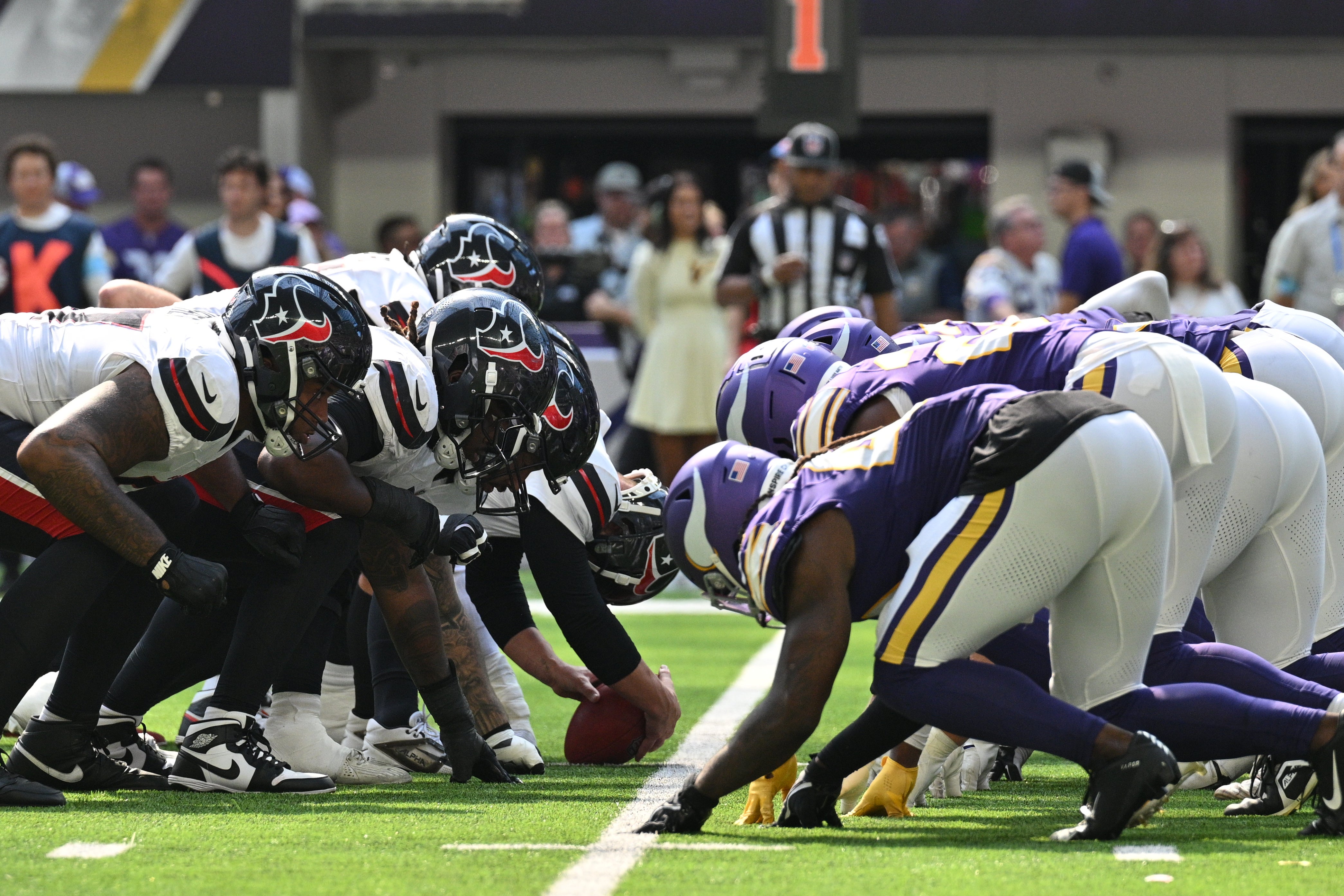 Sep 22, 2024; Minneapolis, Minnesota, USA; The line of scrimmage during the third quarter between the Minnesota Vikings and the Houston Texans at U.S. Bank Stadium.