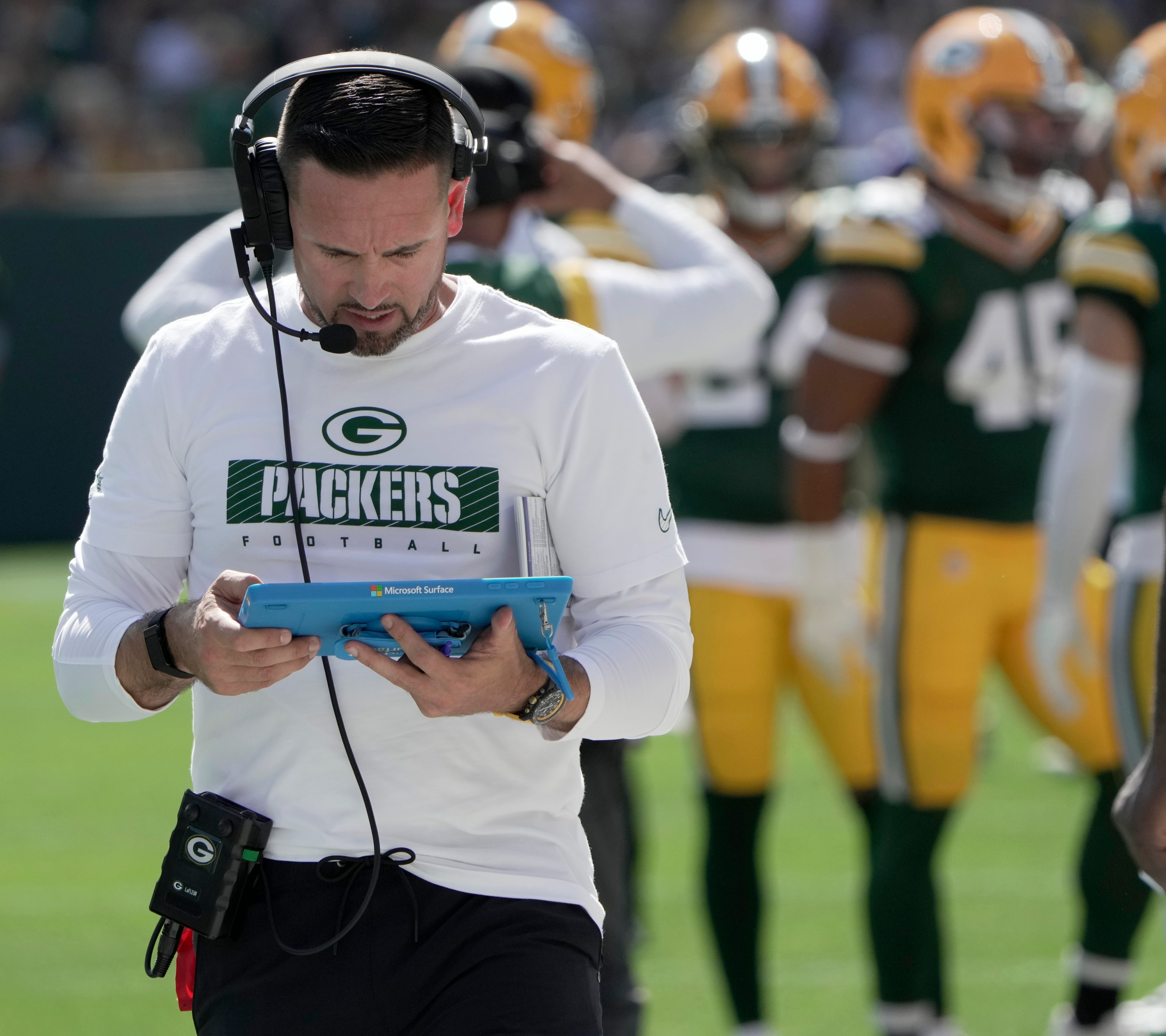 Green Bay Packers head coach Matt LaFleur is shown during the first quarter of their game against the Indianapolis Colts Sunday, September 15, 2024 at Lambeau Field in Green Bay, Wisconsin.