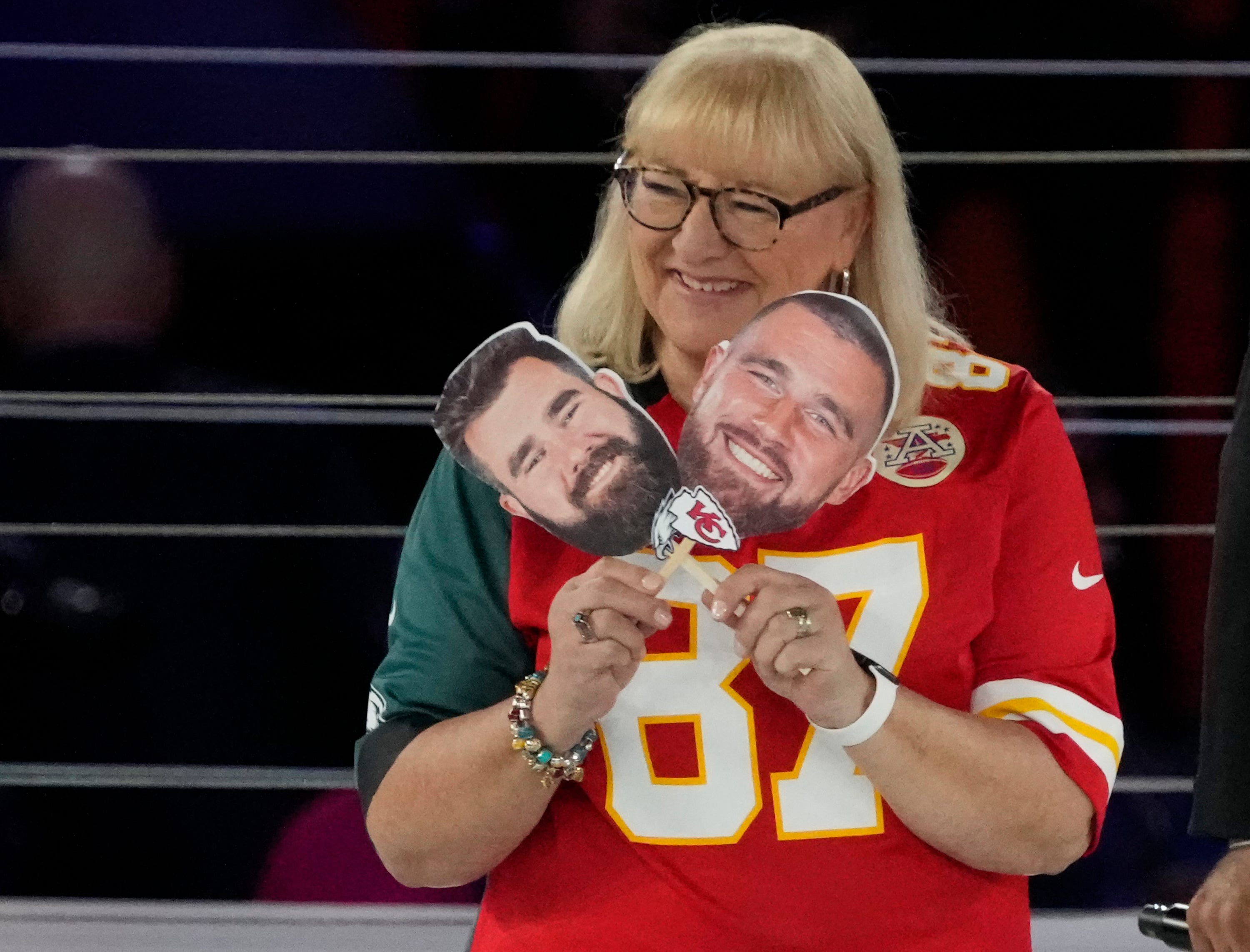 Donna Kelce answers questions about her sons Philadelphia Eagles center Jason Kelce (62), left, and Kansas City Chiefs tight end Travis Kelce (87) at the Footprint Center in downtown Phoenix during Super Bowl Opening Night on Feb. 6, 2023. Nfl Super Bowl Lvii Opening Night Kansas City Chiefs